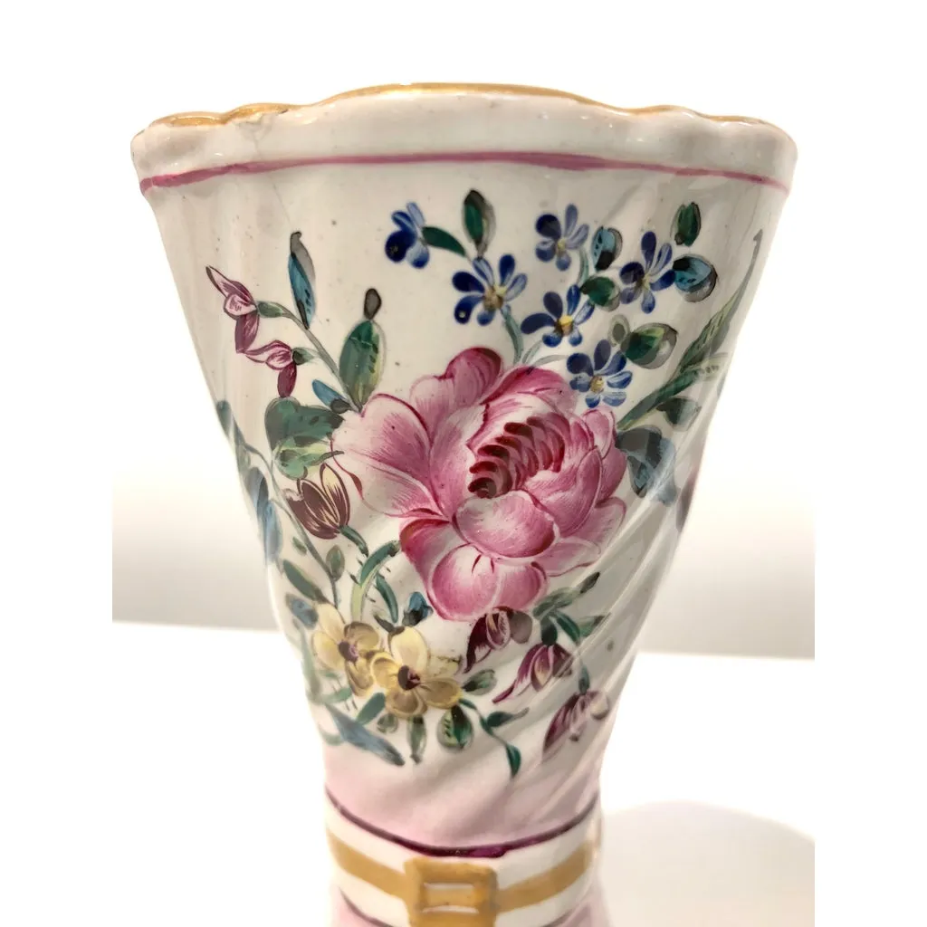 1870s St. Clement French Faience Majolica Pair of White Pink Flower Vases