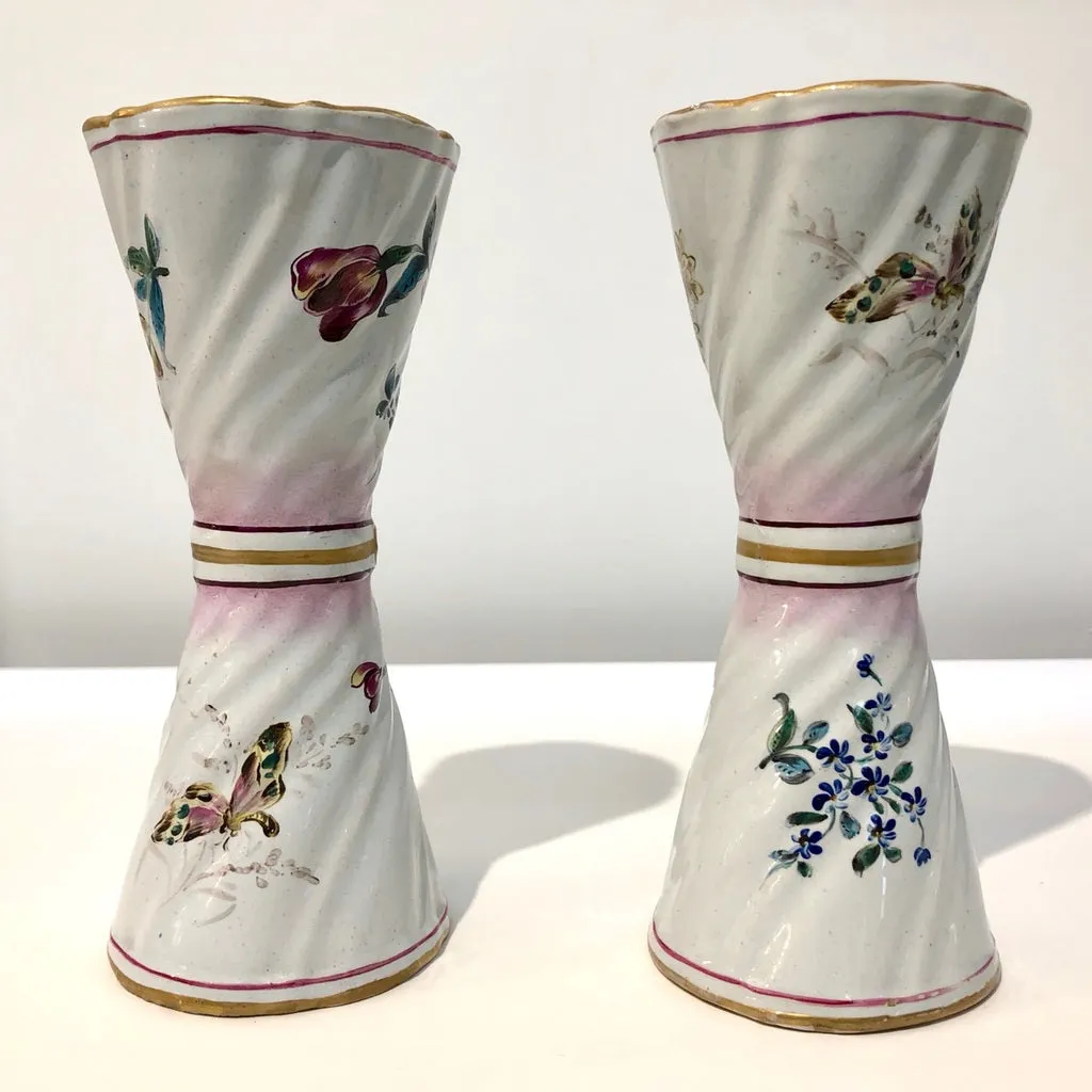 1870s St. Clement French Faience Majolica Pair of White Pink Flower Vases