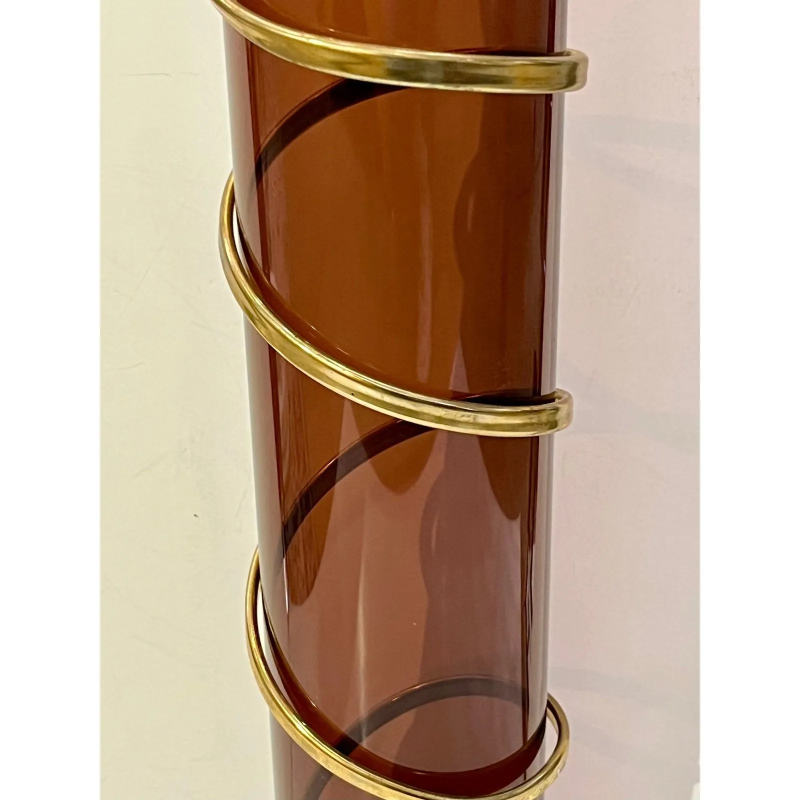 1970s Italian Organic Brass Snake Swirls Brown Lucite Tall Vase