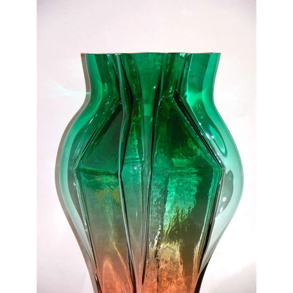 1980s Toni Zuccheri for Venini Green and Orange Murano Glass Vase