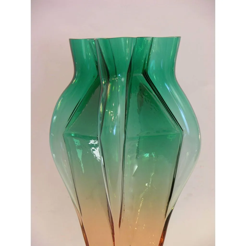 1980s Toni Zuccheri for Venini Green and Orange Murano Glass Vase