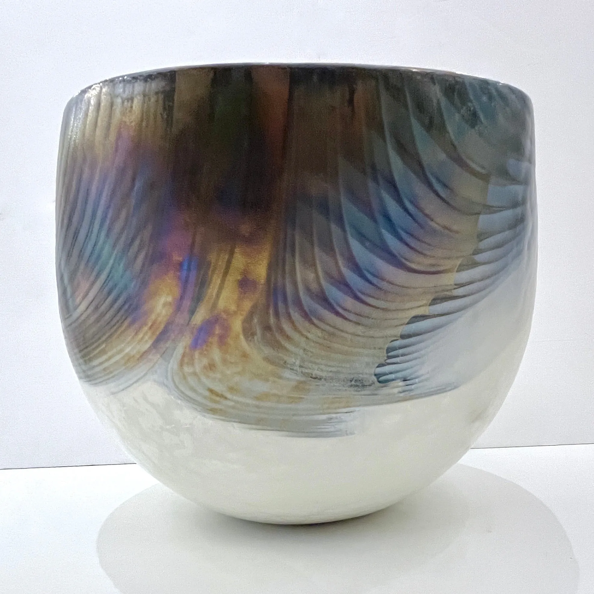 2000 Italian Blue Gray White Taupe Iridescent Murano Glass Monumental Shell Bowl