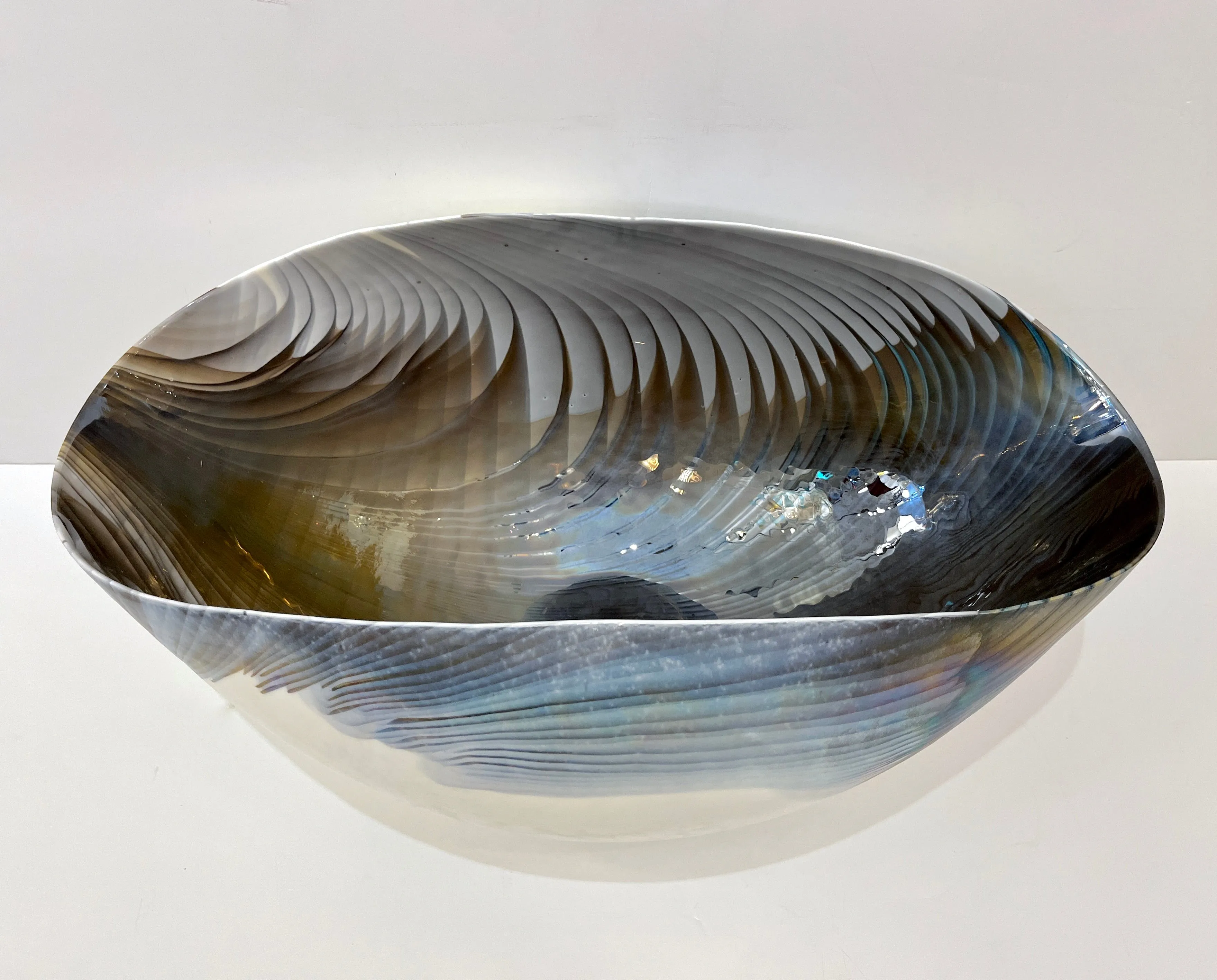 2000 Italian Blue Gray White Taupe Iridescent Murano Glass Monumental Shell Bowl