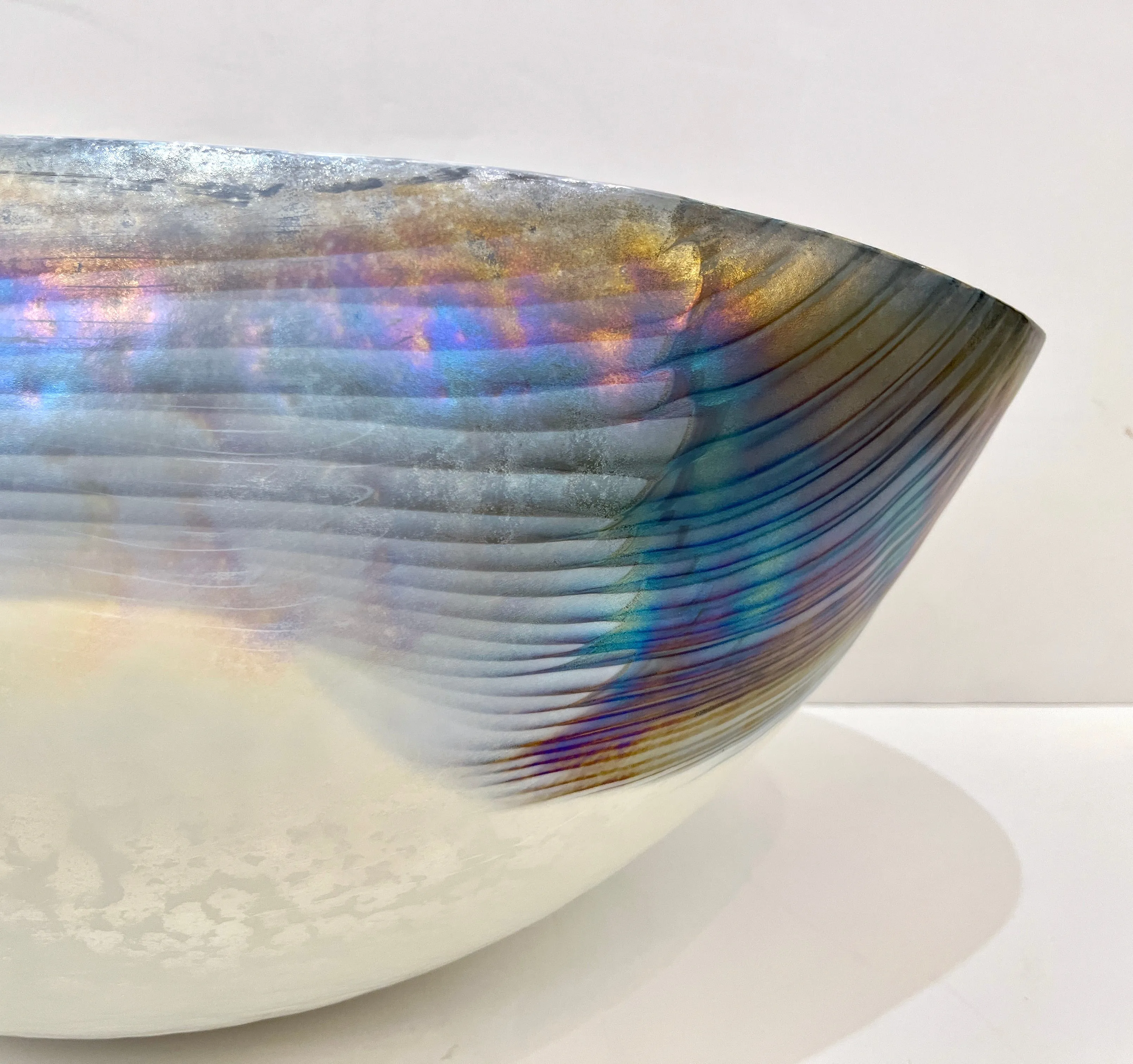 2000 Italian Blue Gray White Taupe Iridescent Murano Glass Monumental Shell Bowl