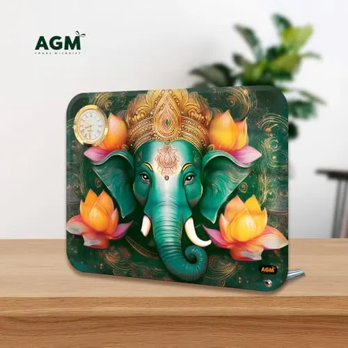 AGM Acrylic Ganesha Desktop Photo Stand with Small Clock 6x8 inches (Landscape), Table-top for Home, Office, Workspace, Shelf, Thoughtful Gift for Special Occasions (Bottle Green, 3MM)