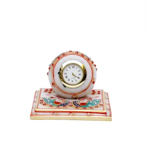 Anjali Arts Decorative Marble Clock with Plate Stand for Home Table Top Handicrafts Home Decor Designers Peacock Design Watch with Rajasthani Meenakari (Multicolor, 10x10x7.5 cm)