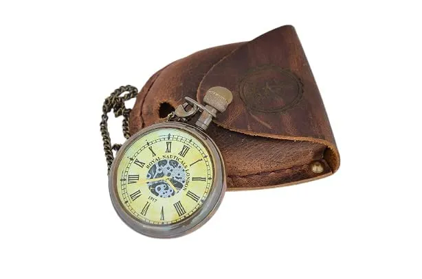 Antique Brass Roman Numerals Clock with Chain & Leather Case Collectible for Outdoor, Camping Maritime, Brass Flat Pocket Compass