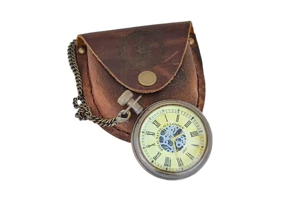 Antique Brass Roman Numerals Clock with Chain & Leather Case Collectible for Outdoor, Camping Maritime, Brass Flat Pocket Compass