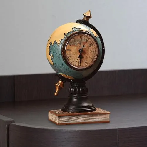 ATORSE® Globe Figurine Table Clock Resin Desktop Clock for Entrance Office Bookshelf Blue