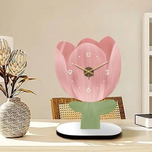 ATORSE® Table Clock Analog Clock Silent Decorative for Bookshelf Bedroom Countertops Tulip