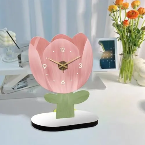 ATORSE® Table Clock Analog Clock Silent Decorative for Bookshelf Bedroom Countertops Tulip