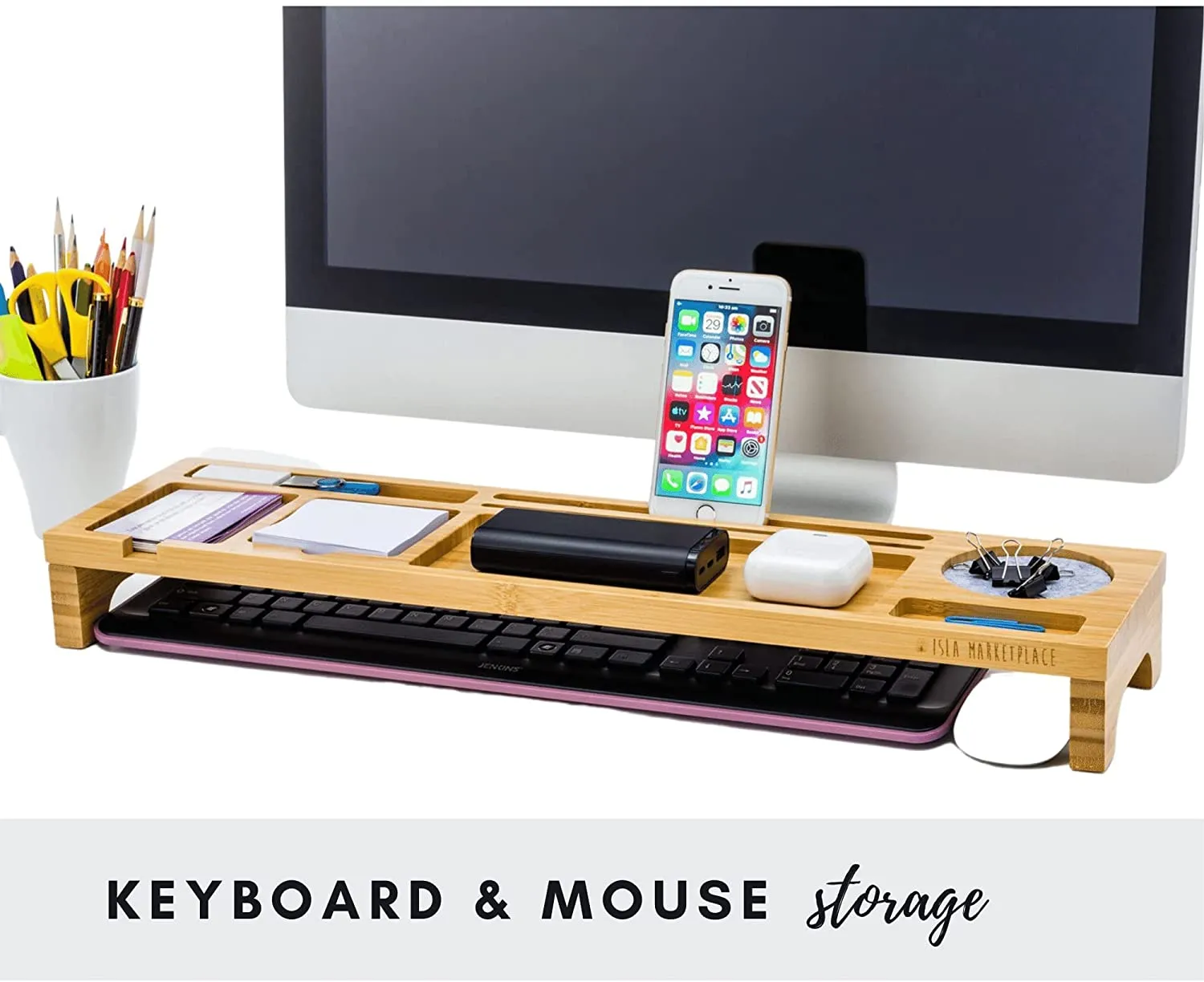 Bamboo Desk Organizer with Keyboard Storage and Phone holder for Home and Office