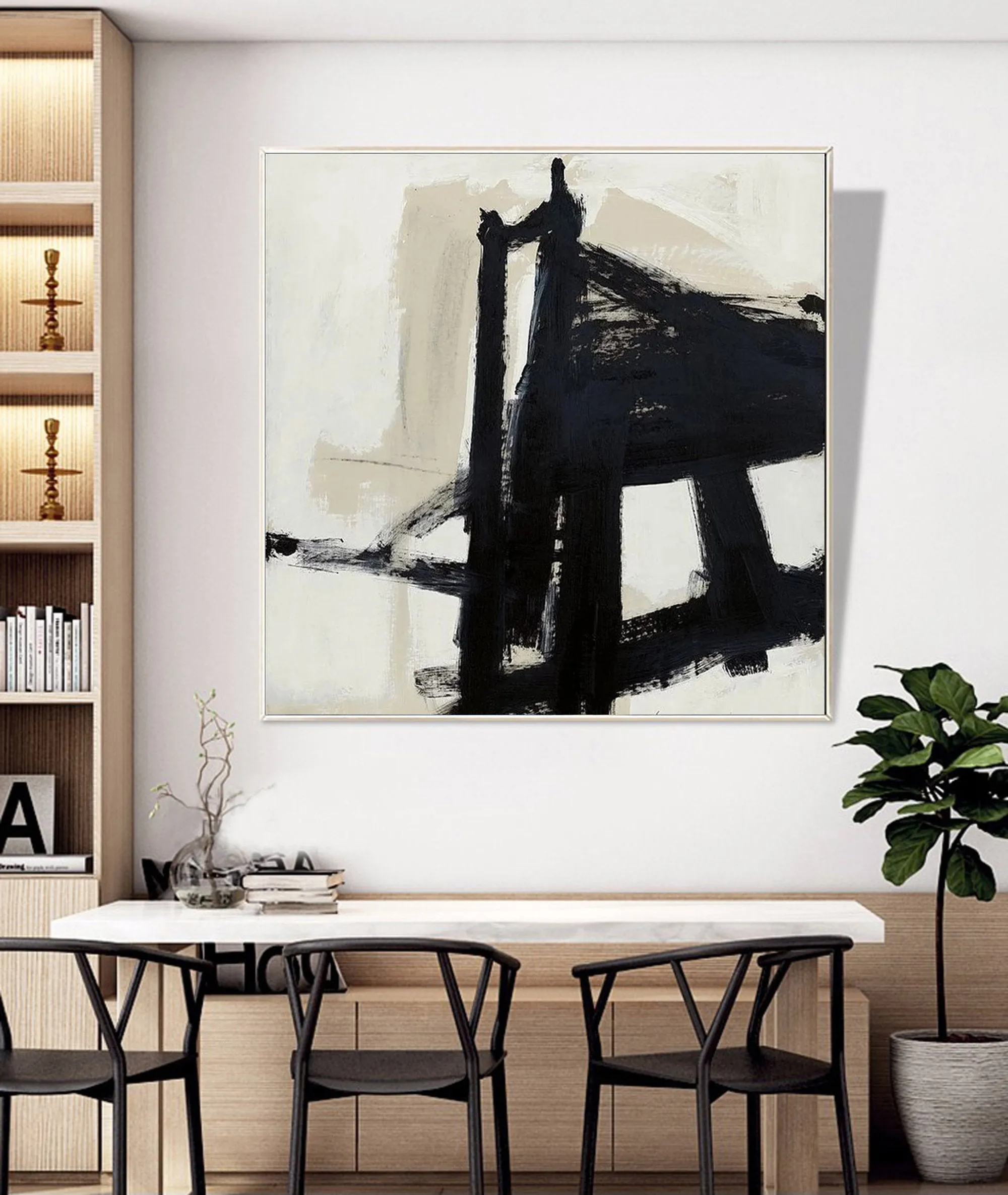 Black and White Abstract Painting on Canvas Minimalist Art Op015