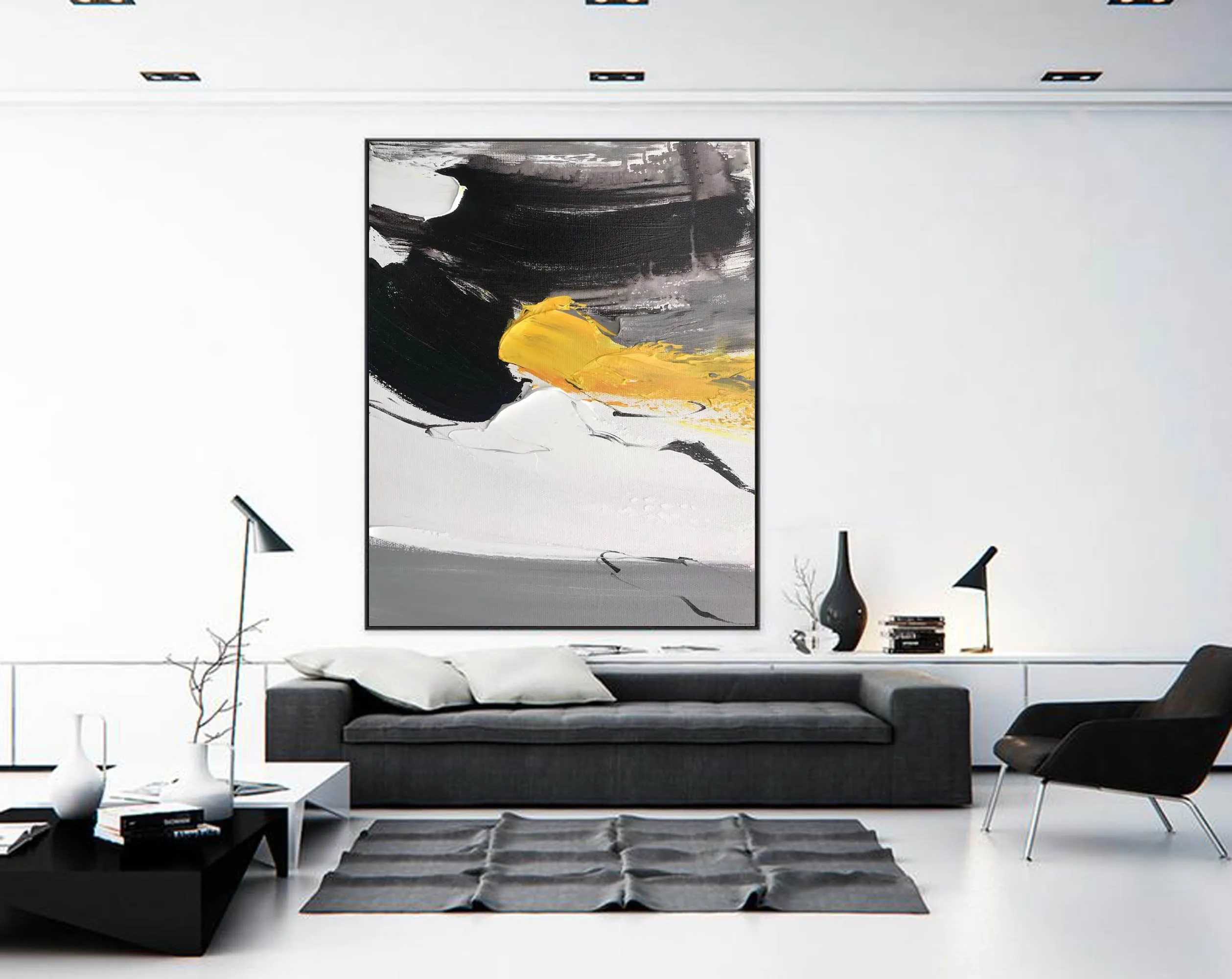 Black And White Painting Yellow Abstract Painting on Canvas Cp007