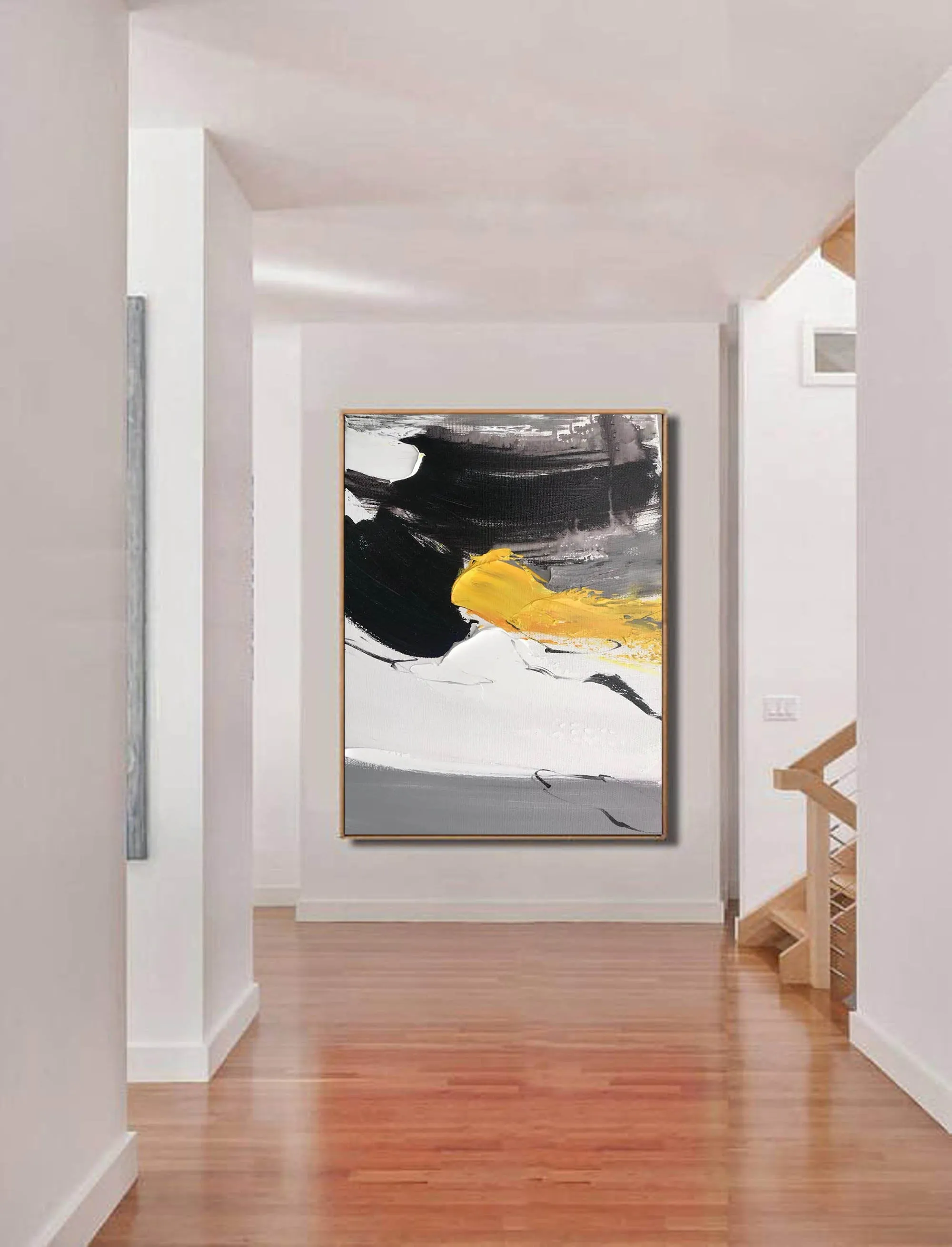 Black And White Painting Yellow Abstract Painting on Canvas Cp007