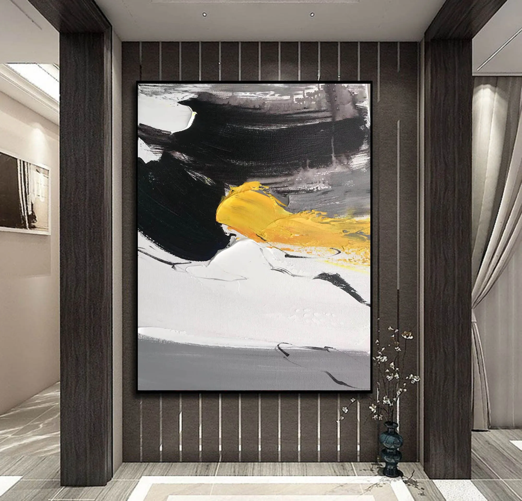 Black And White Painting Yellow Abstract Painting on Canvas Cp007