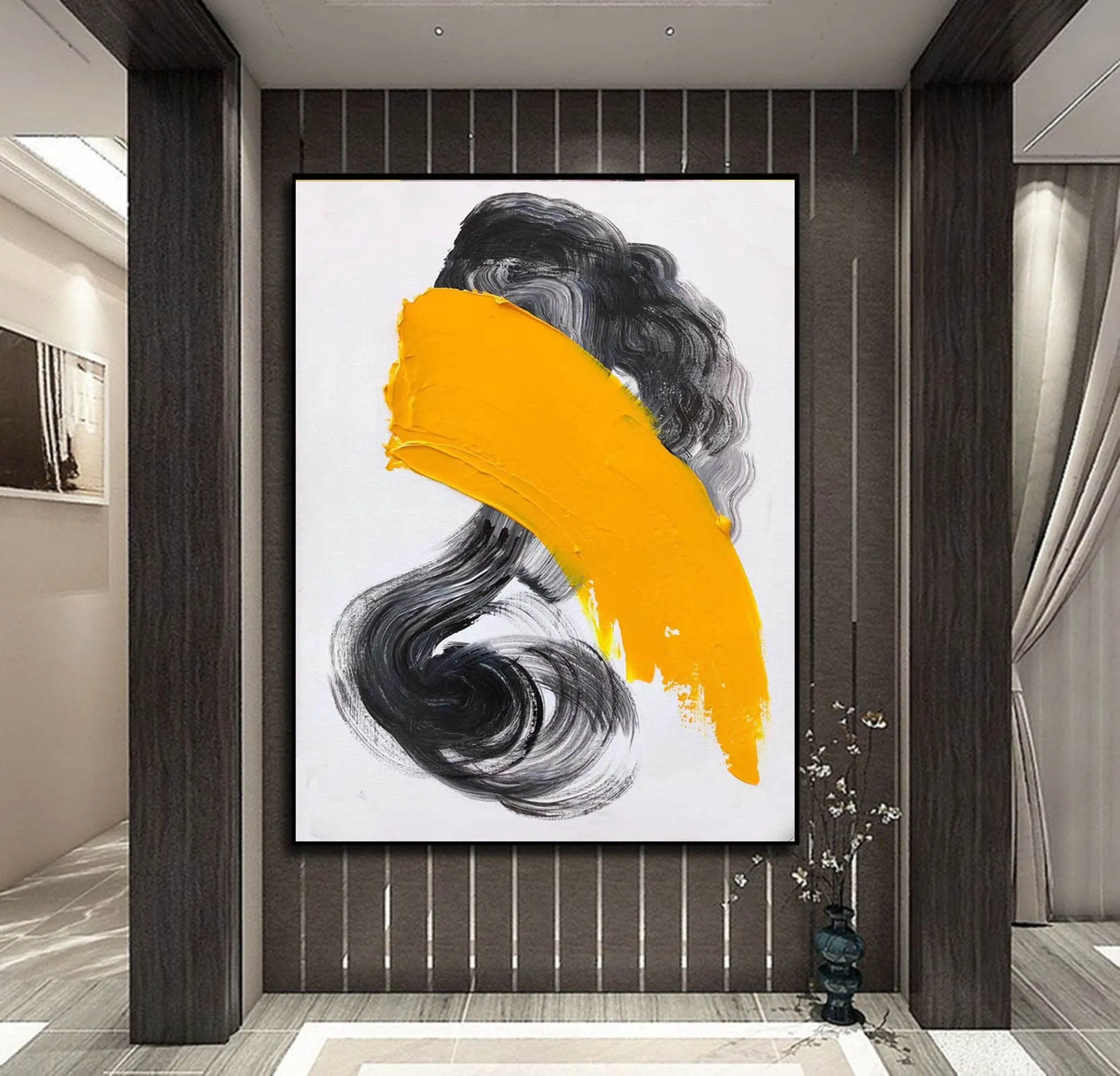 Black And White Painting Yellow Modern Canvas Art Sp082