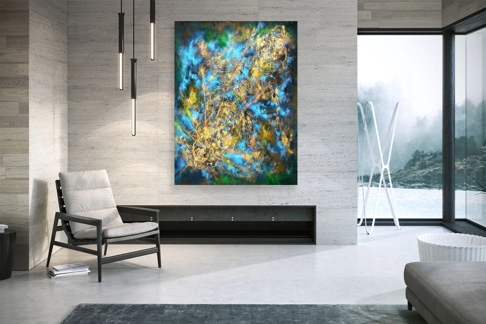 Black Gold Blue Livingroom Decor Large Abstract Painting Kp077