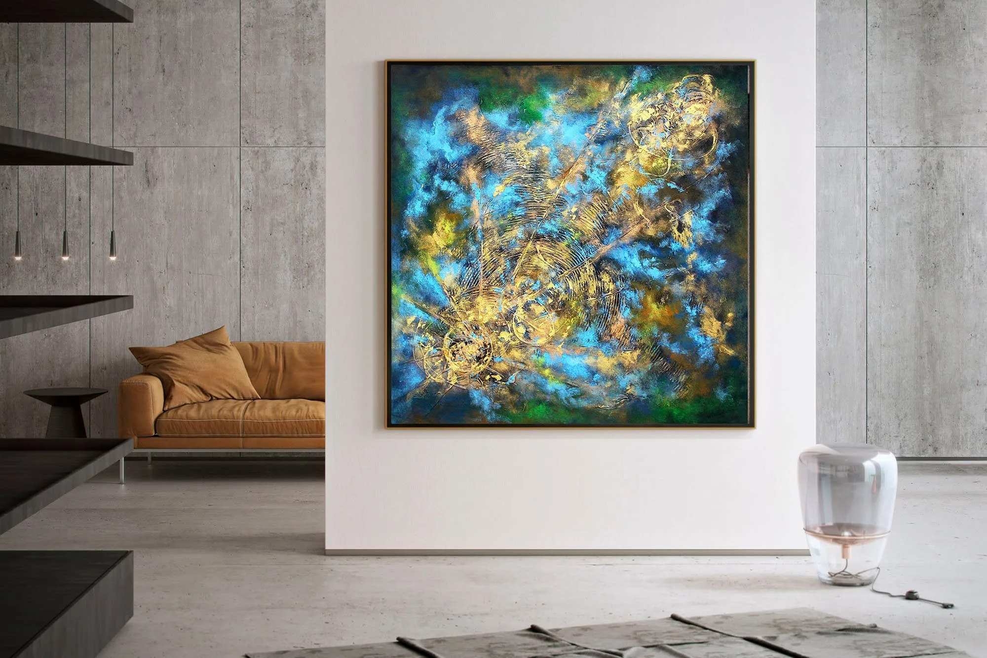 Black Gold Blue Livingroom Decor Large Abstract Painting Kp077