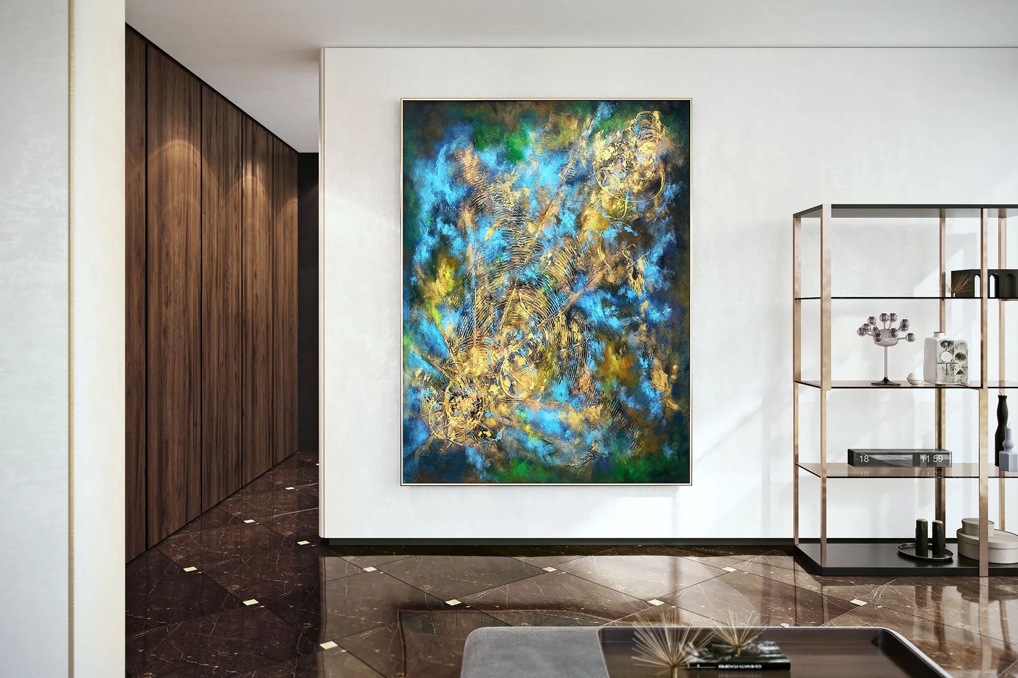 Black Gold Blue Livingroom Decor Large Abstract Painting Kp077