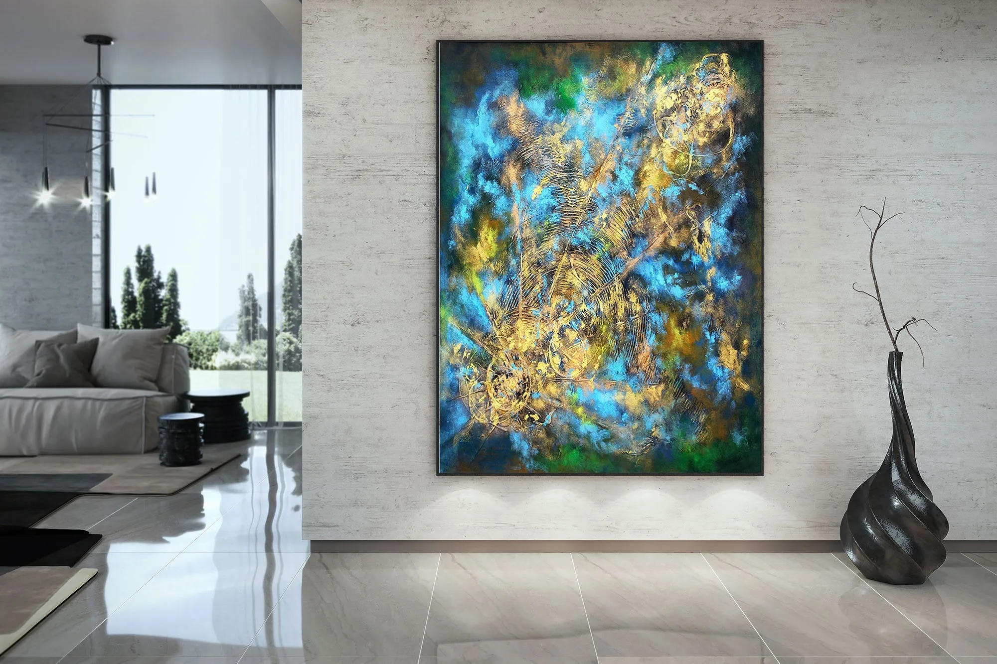 Black Gold Blue Livingroom Decor Large Abstract Painting Kp077