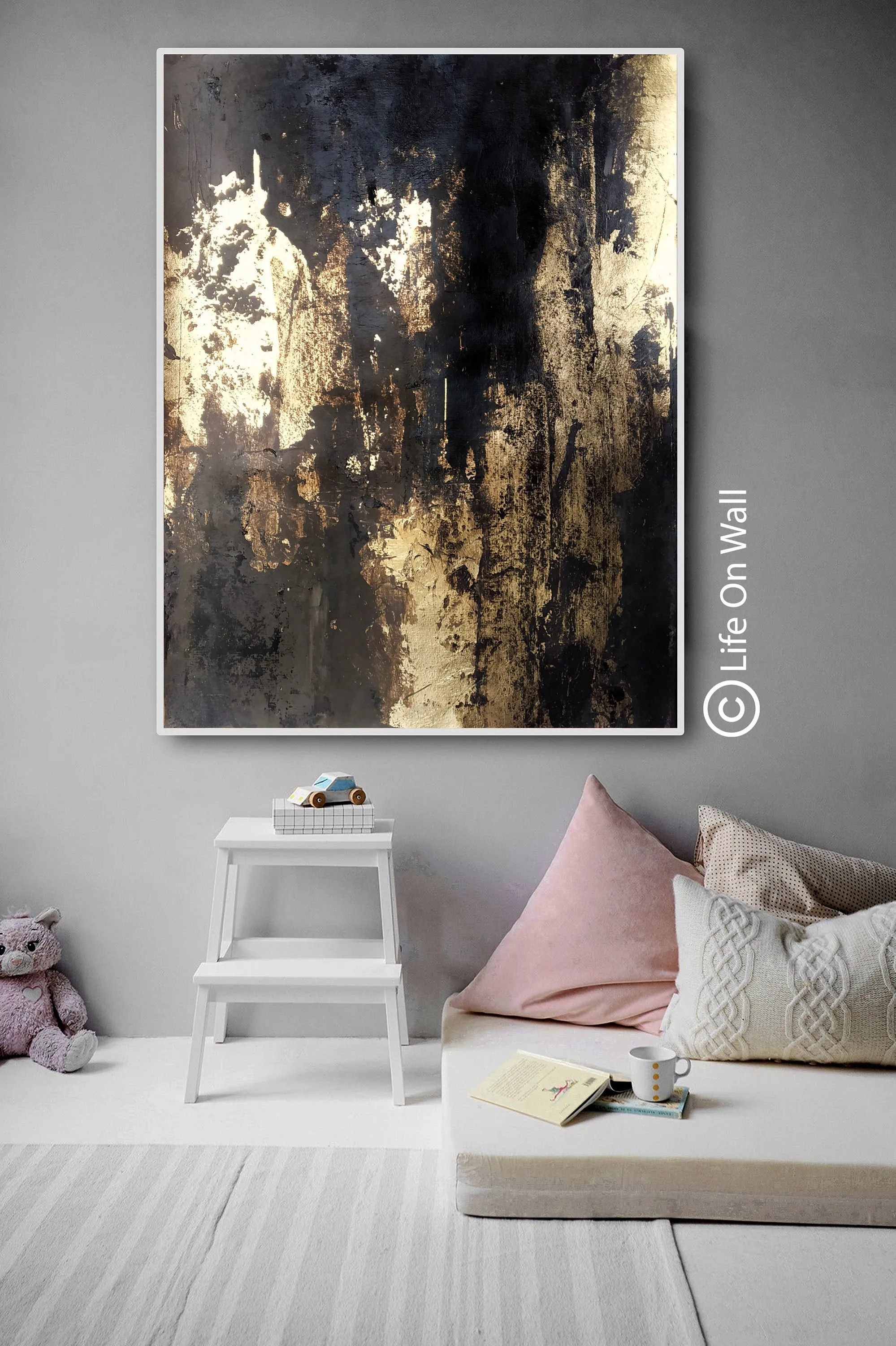 Black Gold Leaf Vertical Abstract Painting Living Room Bedroom Art Wp050