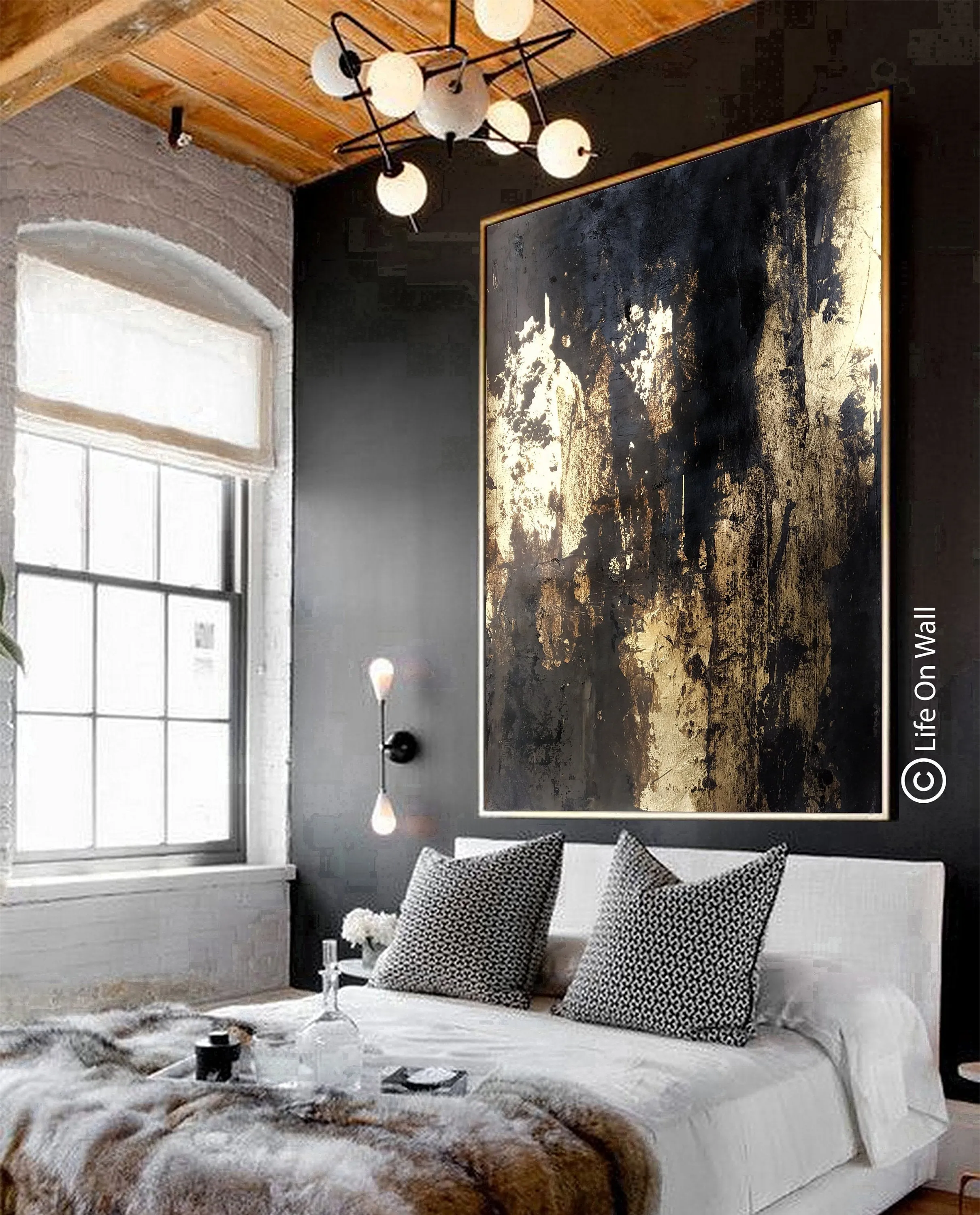 Black Gold Leaf Vertical Abstract Painting Living Room Bedroom Art Wp050