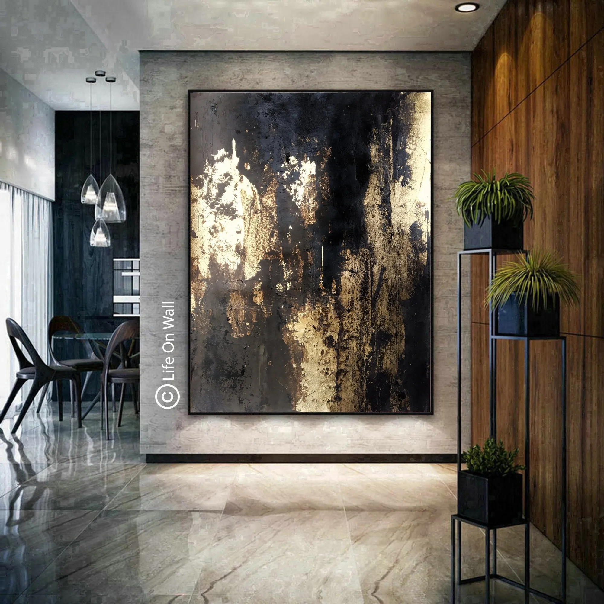 Black Gold Leaf Vertical Abstract Painting Living Room Bedroom Art Wp050