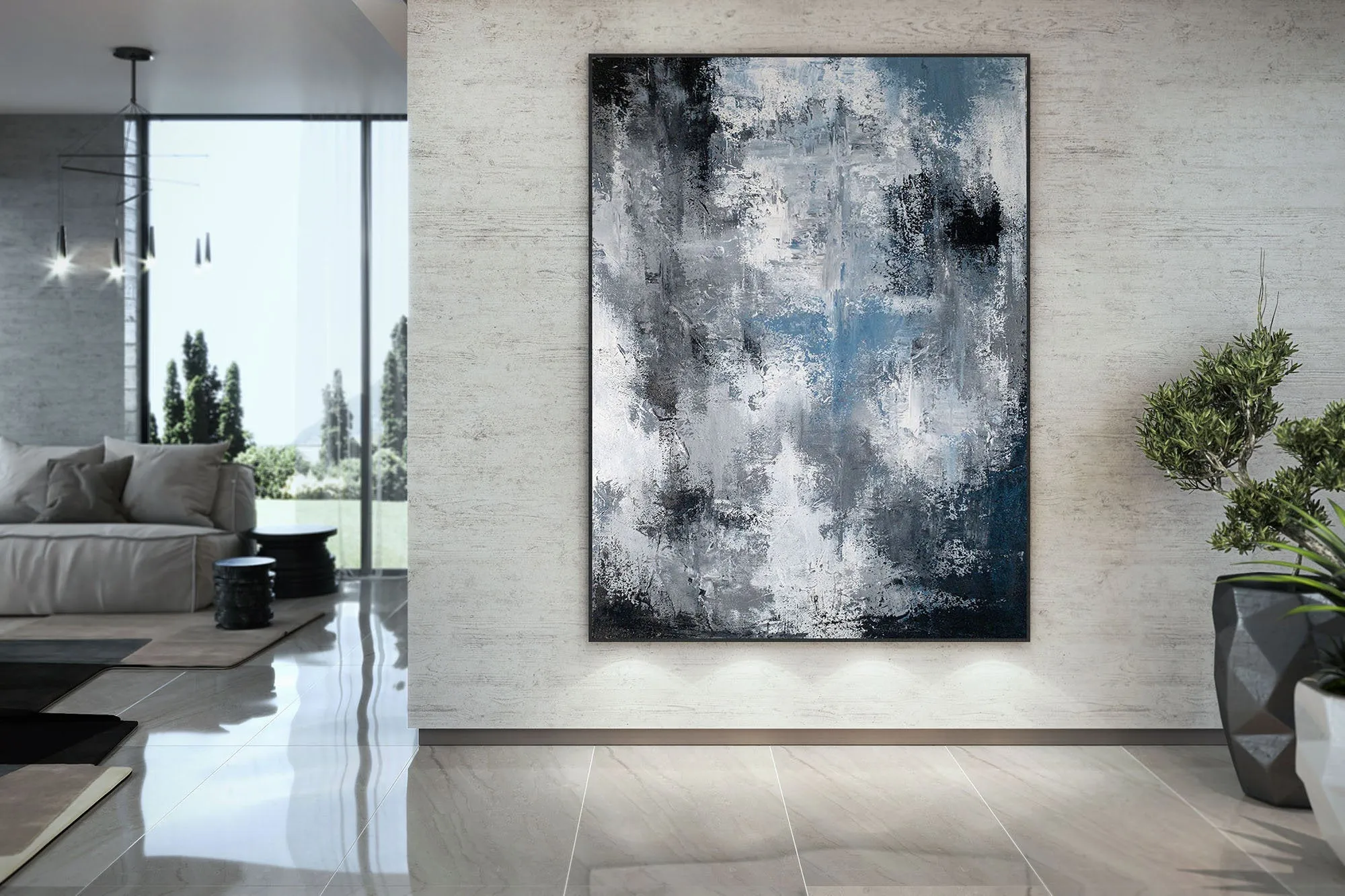 Black White Blue Abstract Painting Modern Paintings Fp028