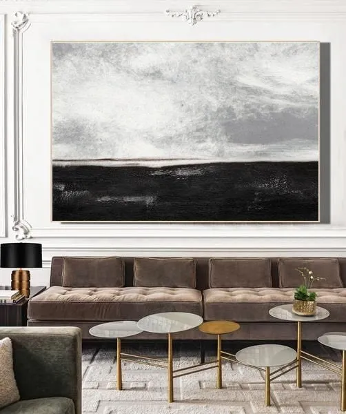 Black White Painting Large Abstract Painting Horizontal Wall Art Ap030