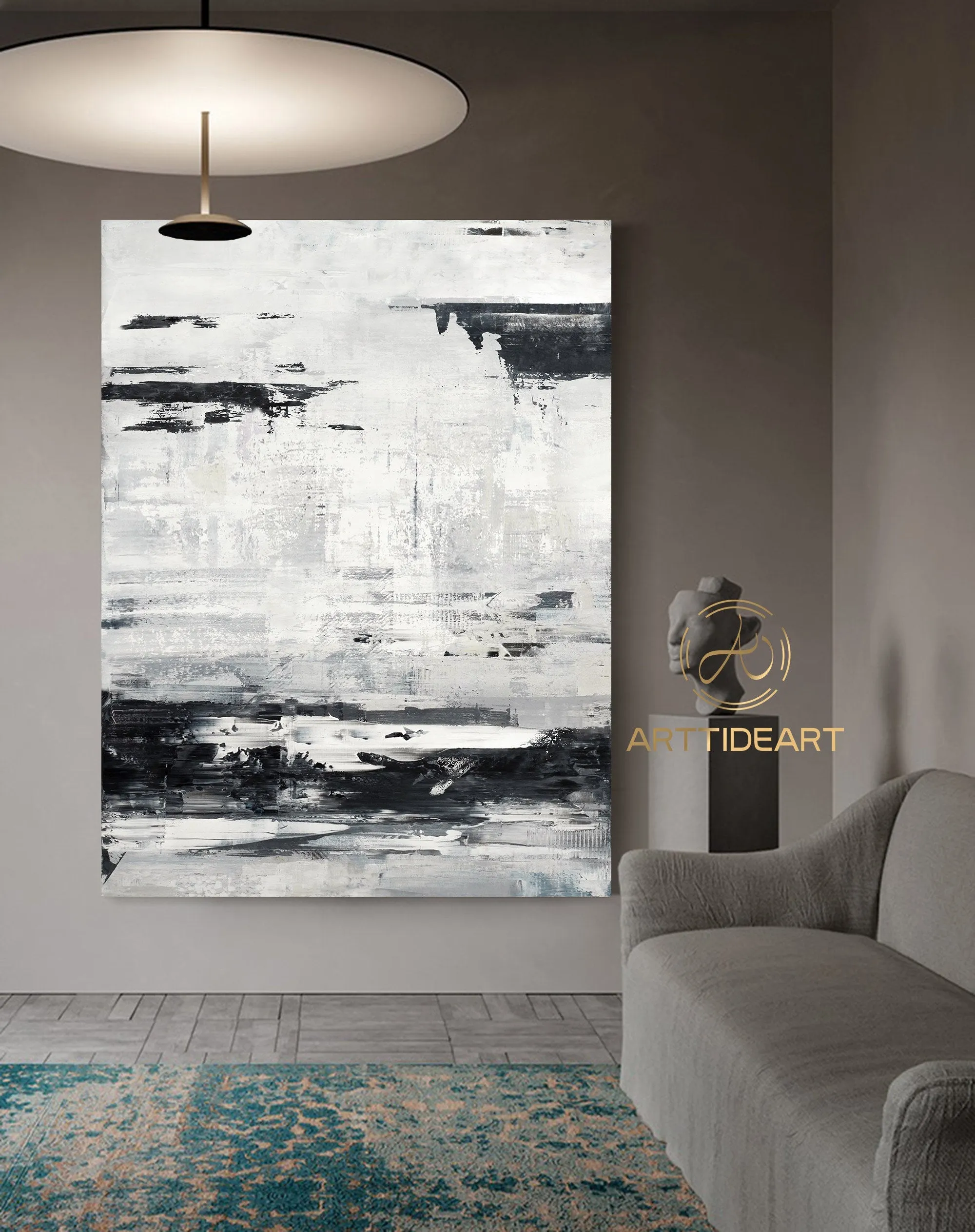 Black White Painting Sea Landscape Painting Grey White Art Ap038