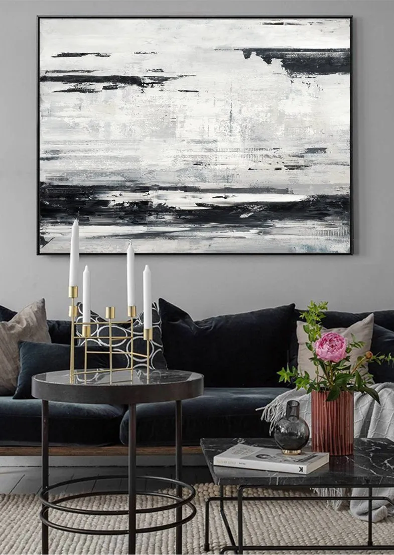 Black White Painting Sea Landscape Painting Grey White Art Ap038