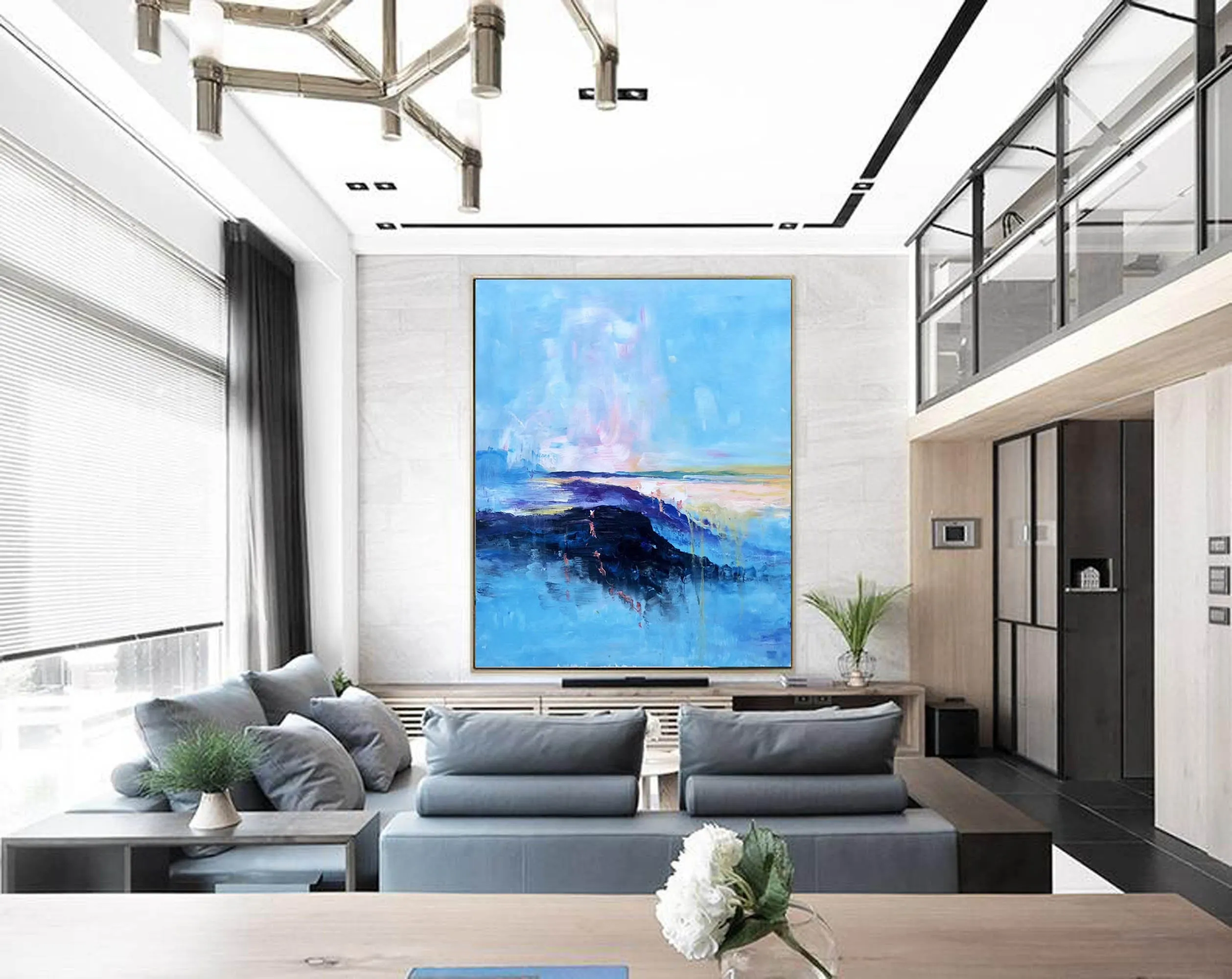 Blue Abstract Painting Extra Large Wall Art Contemporary Wall Art Np081