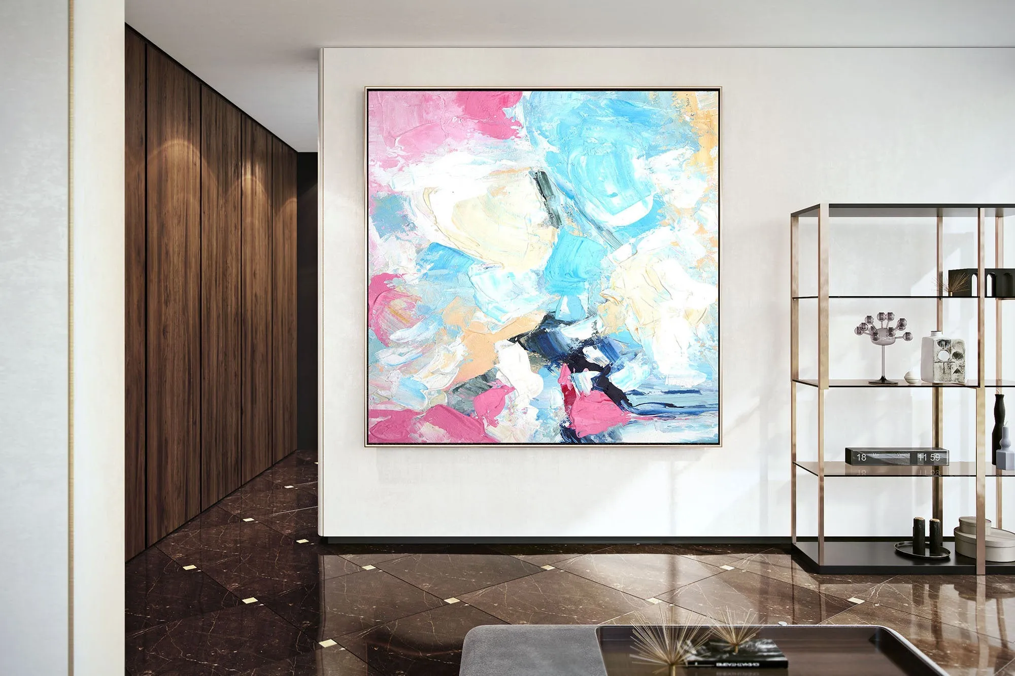 Blue Pink Yellow Contemporary Wall Art Oversize Abstract Painting Kp086