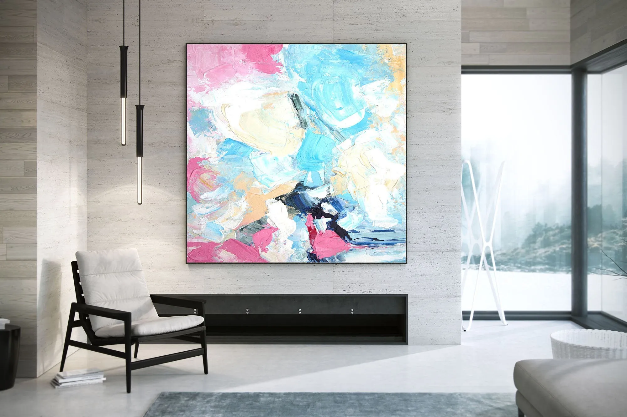 Blue Pink Yellow Contemporary Wall Art Oversize Abstract Painting Kp086