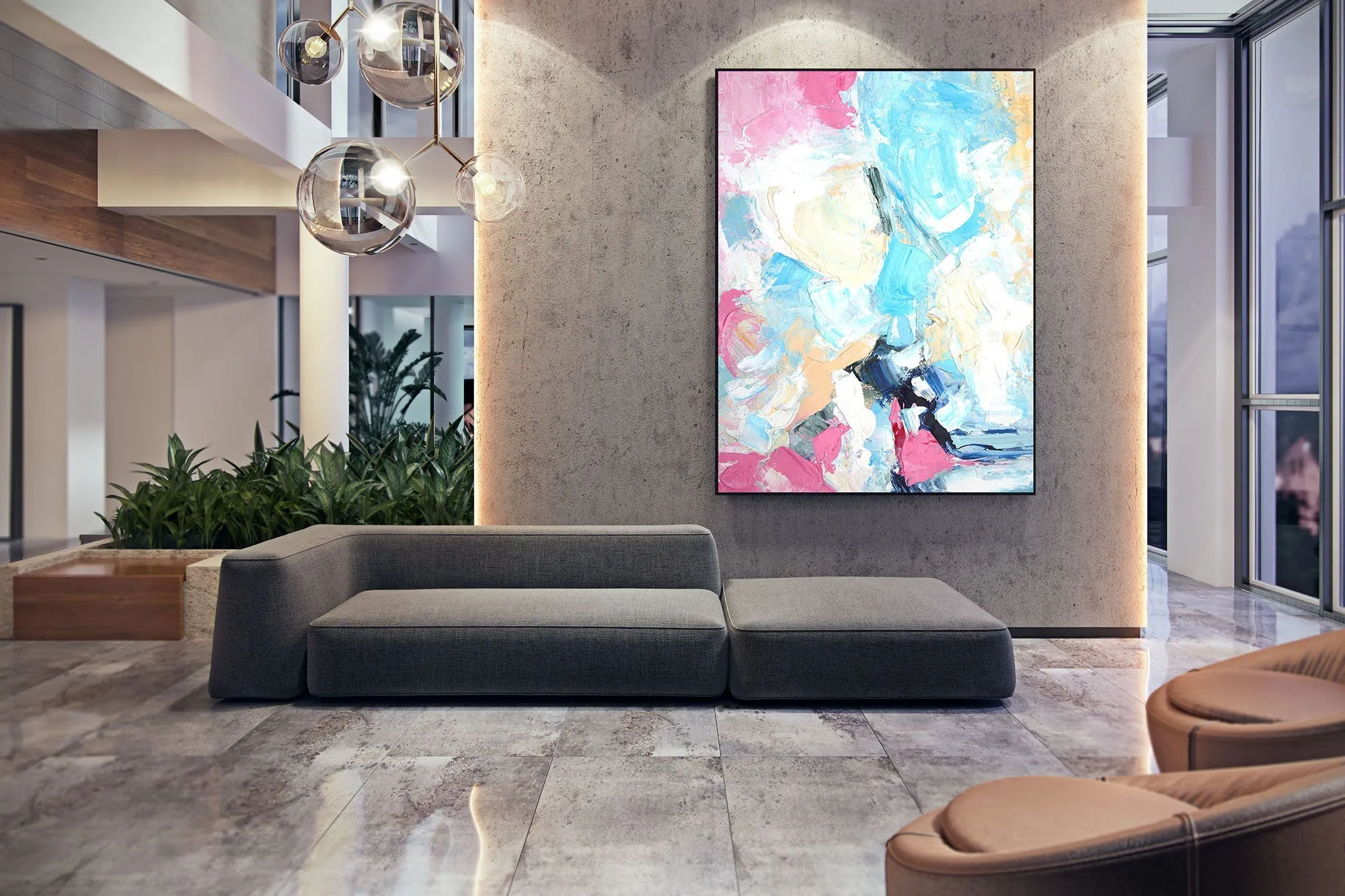 Blue Pink Yellow Contemporary Wall Art Oversize Abstract Painting Kp086