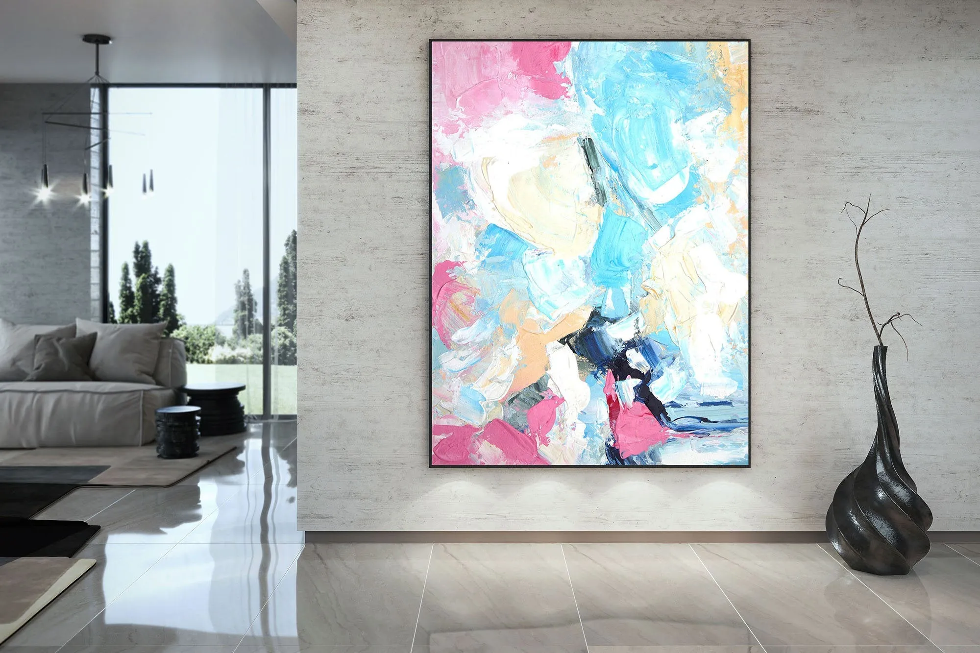 Blue Pink Yellow Contemporary Wall Art Oversize Abstract Painting Kp086