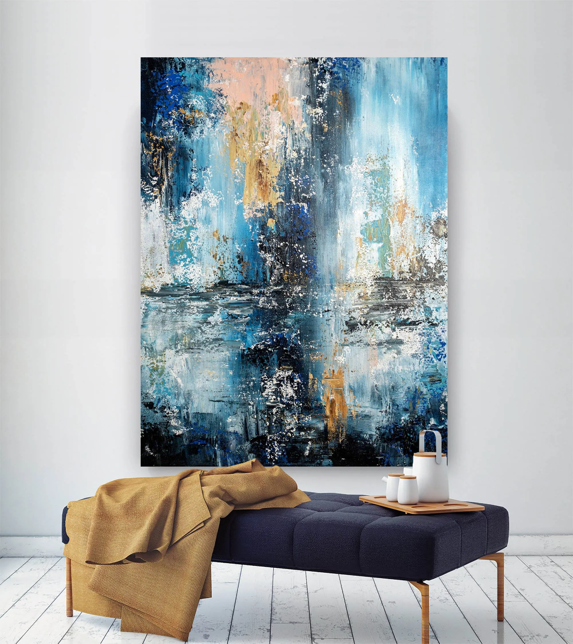 Blue White Abstract Painting on Canvas Huge Canvas Painting Custom Fp029