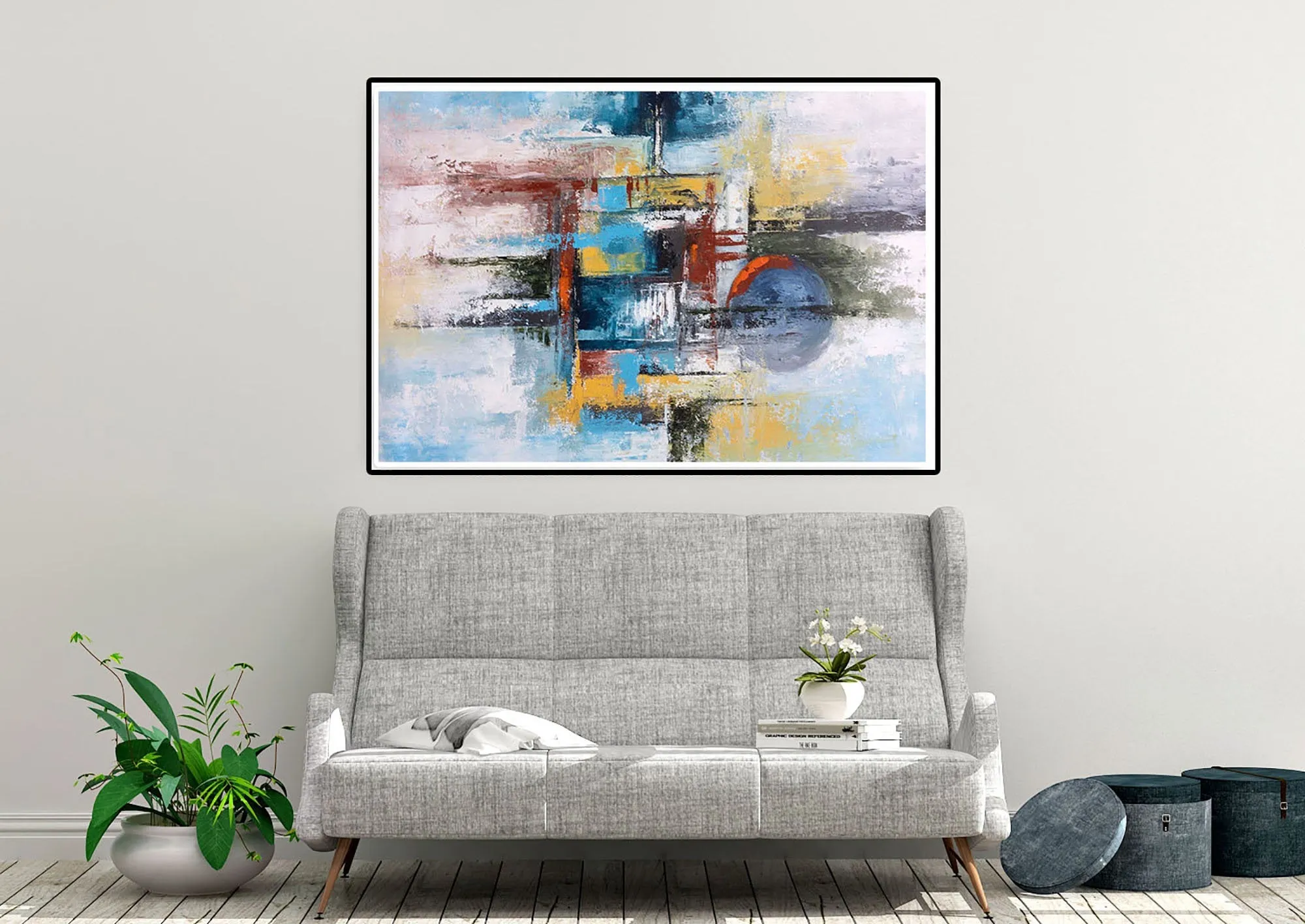 Blue White Orange Palette Knife Artwork Original Abstract Painting Fp093