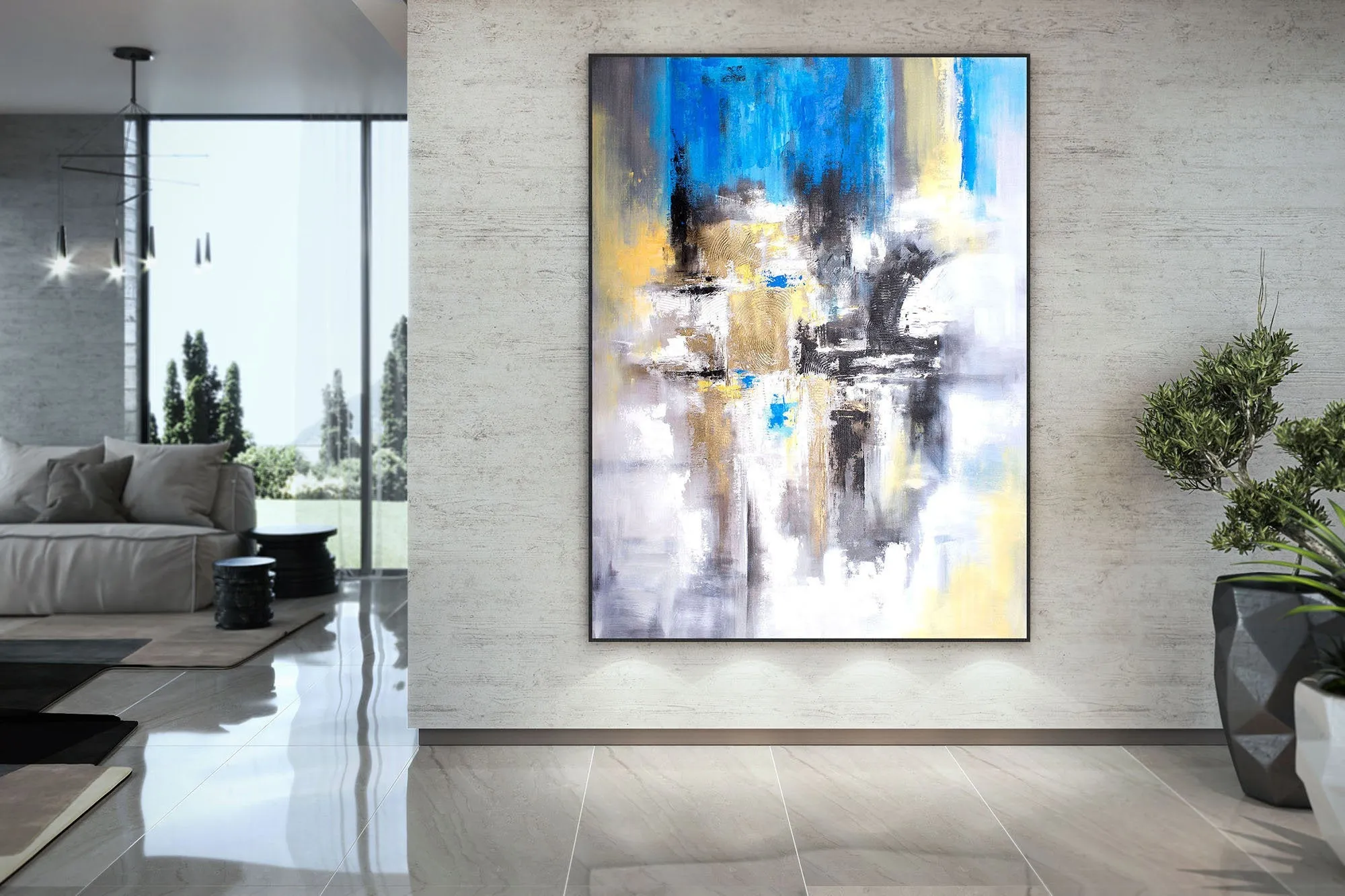 Blue White Yellow Abstract Painting for Living Room Kp102