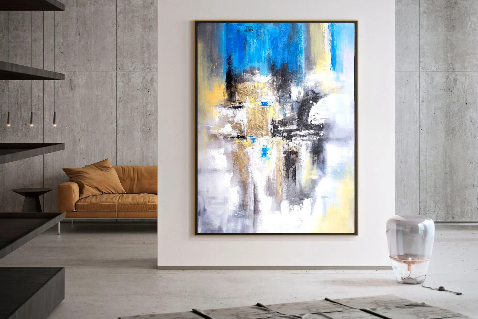 Blue White Yellow Abstract Painting for Living Room Kp102