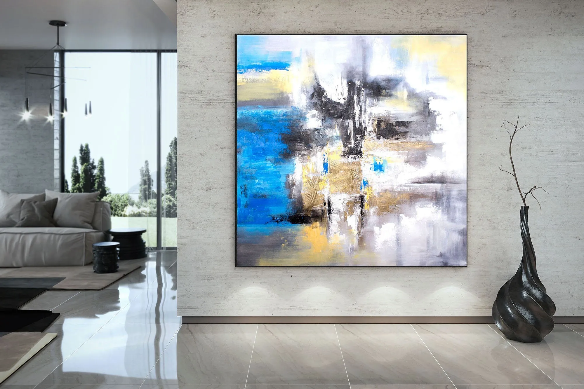 Blue White Yellow Abstract Painting for Living Room Kp102