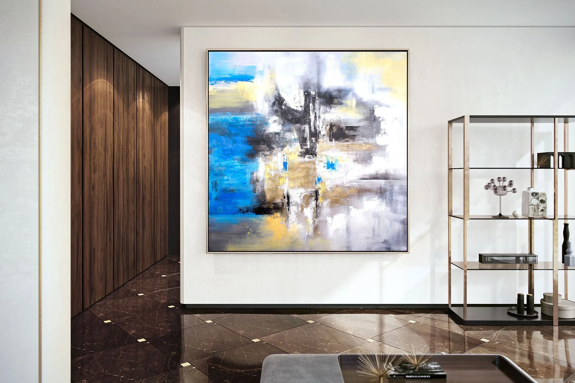 Blue White Yellow Abstract Painting for Living Room Kp102