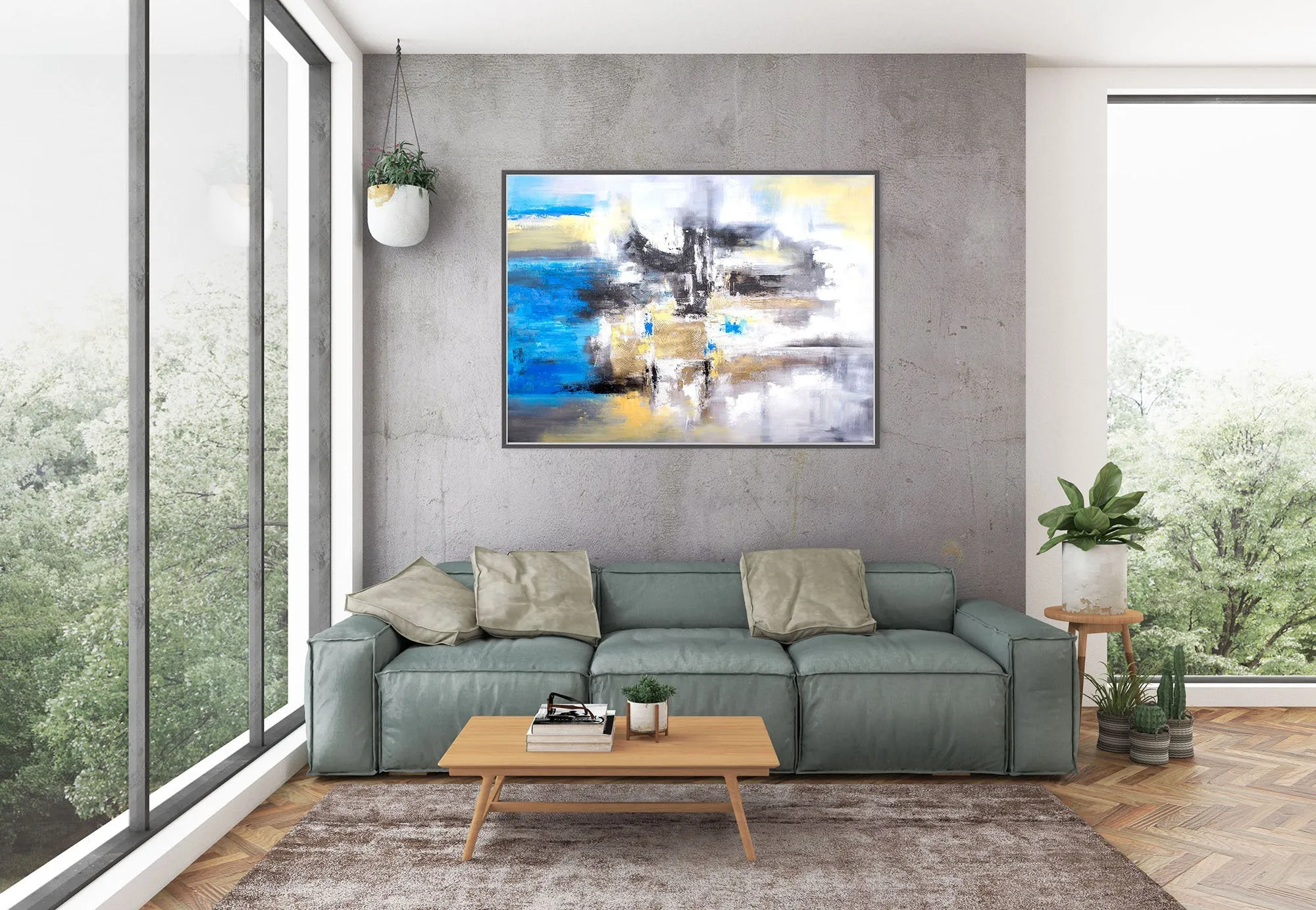 Blue White Yellow Abstract Painting for Living Room Kp102