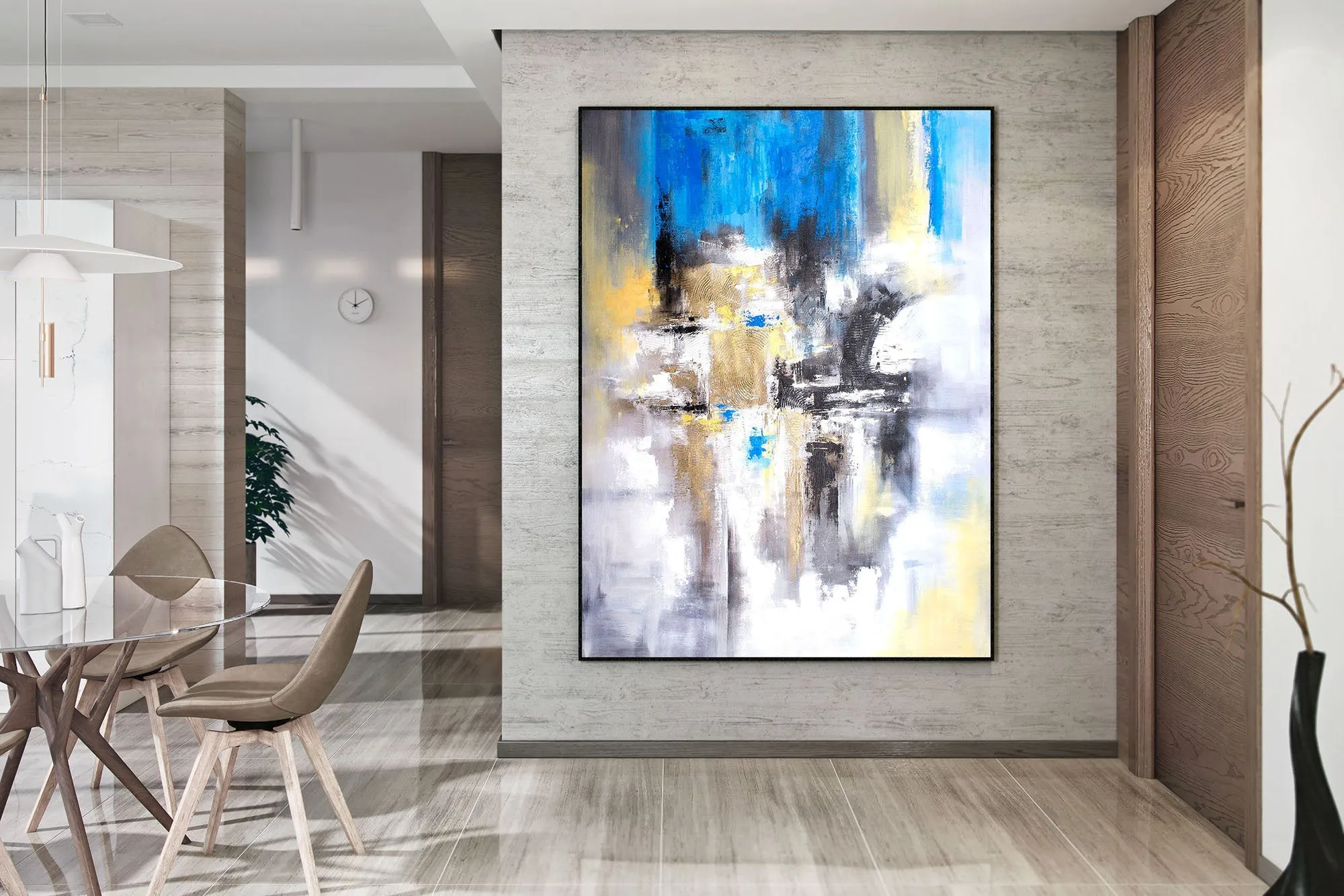 Blue White Yellow Abstract Painting for Living Room Kp102