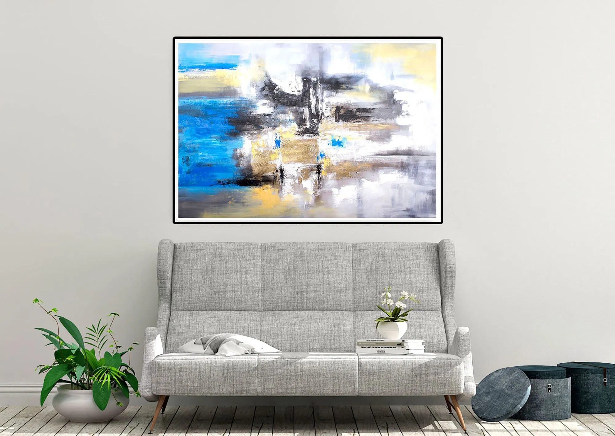 Blue White Yellow Abstract Painting for Living Room Kp102