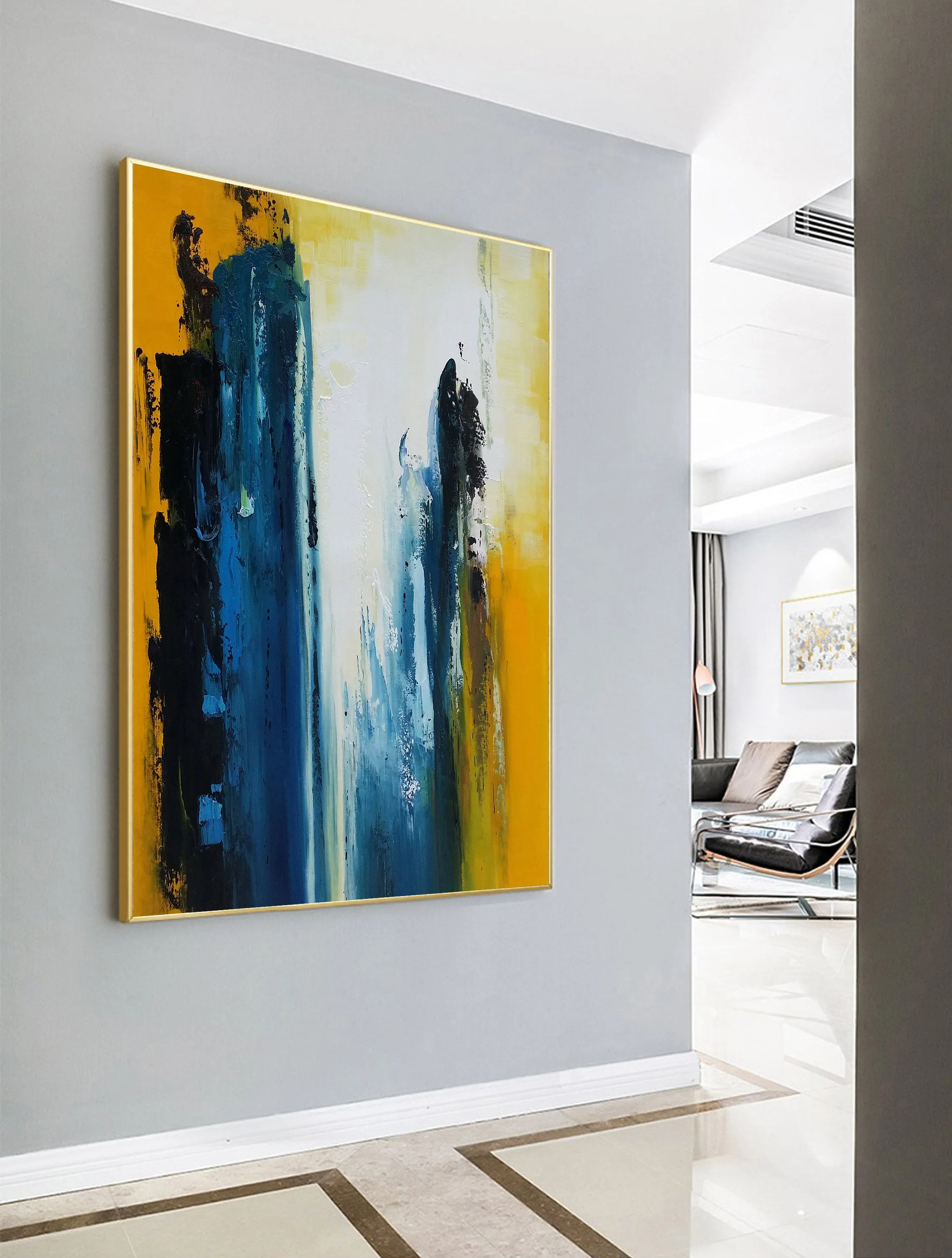 Blue White Yellow Abstract Painting Living Room Art Np039