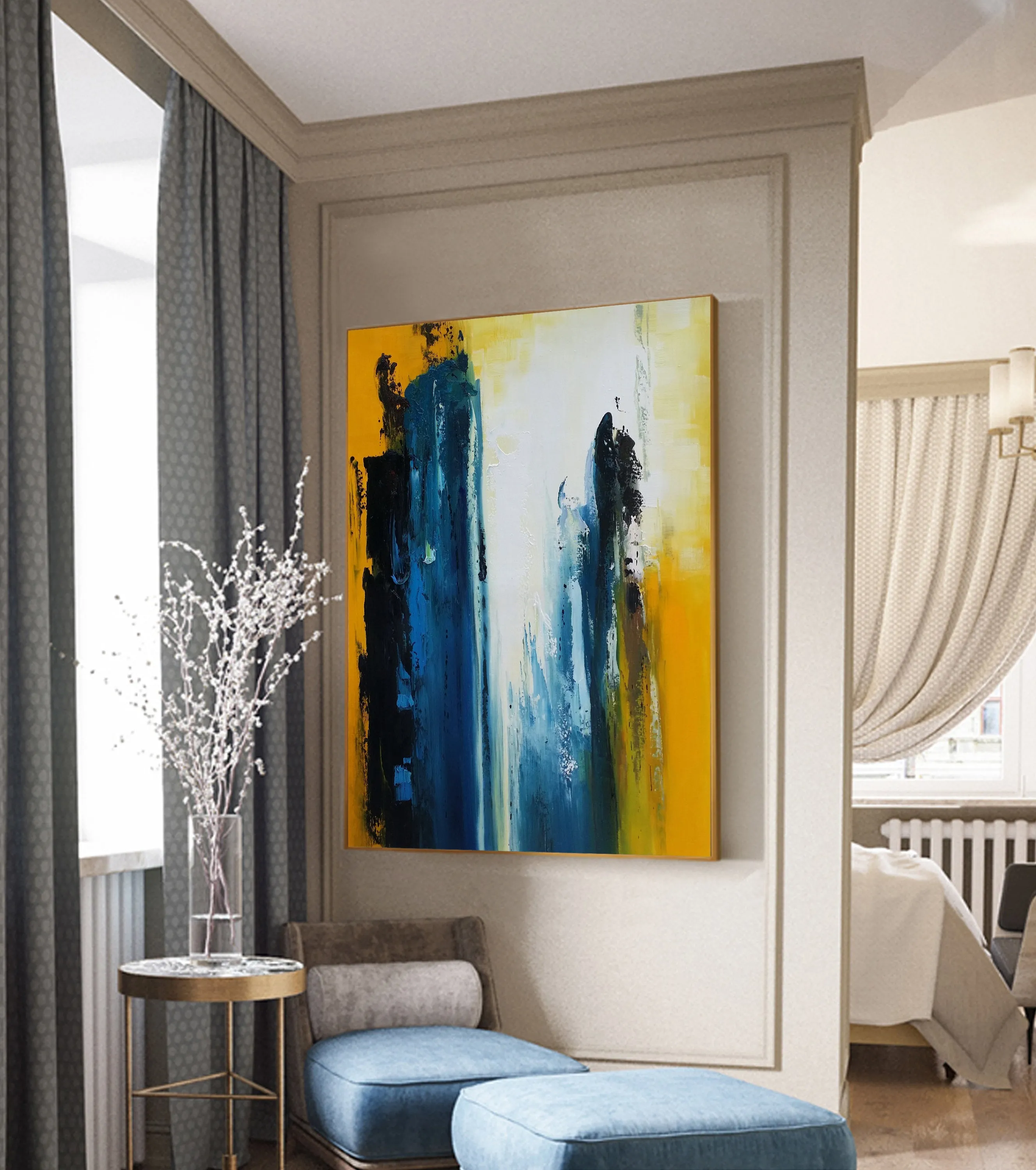 Blue White Yellow Abstract Painting Living Room Art Np039