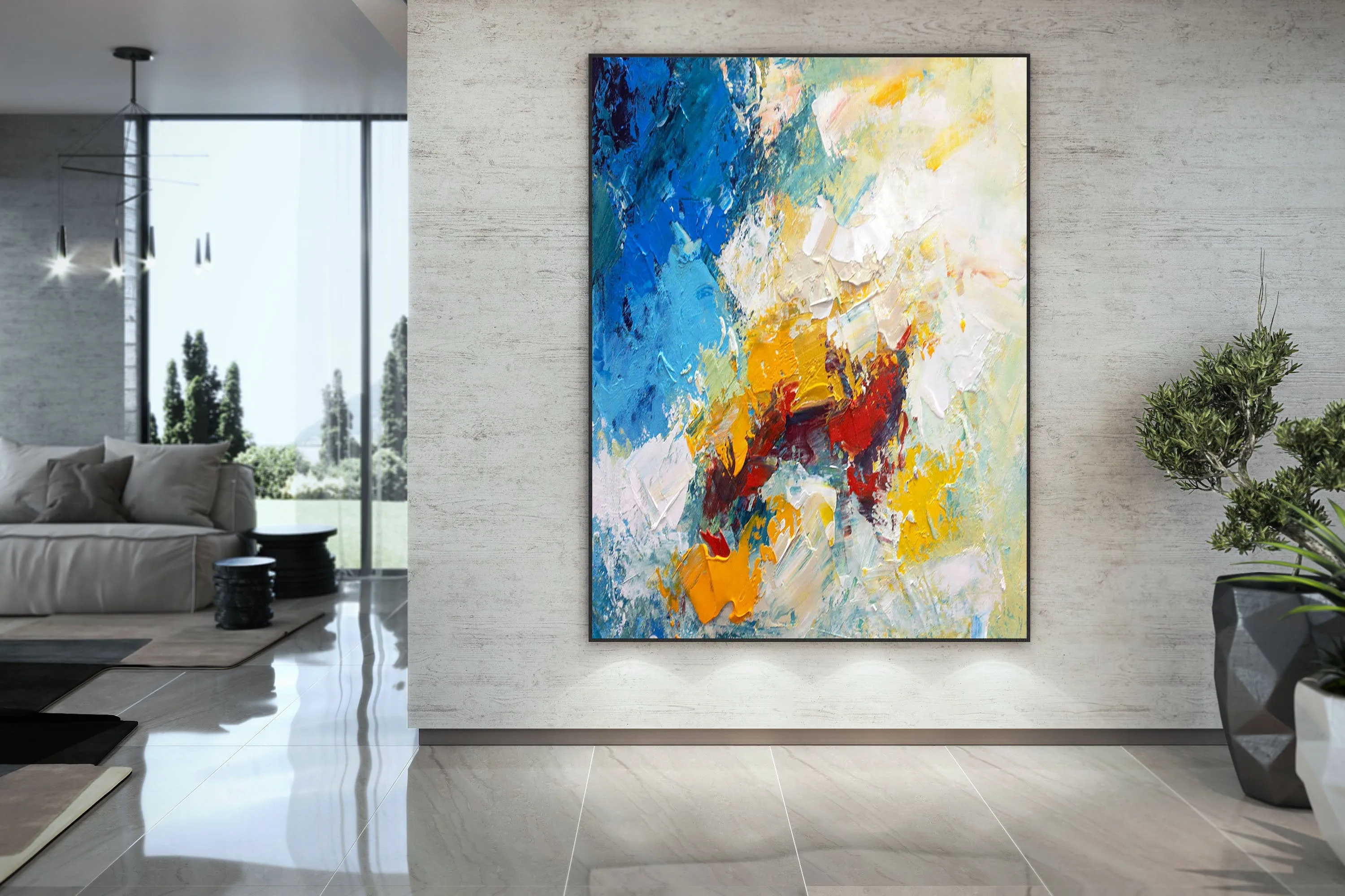 Blue White Yellow Abstract Painting on Canvas Large Artwork Dp035