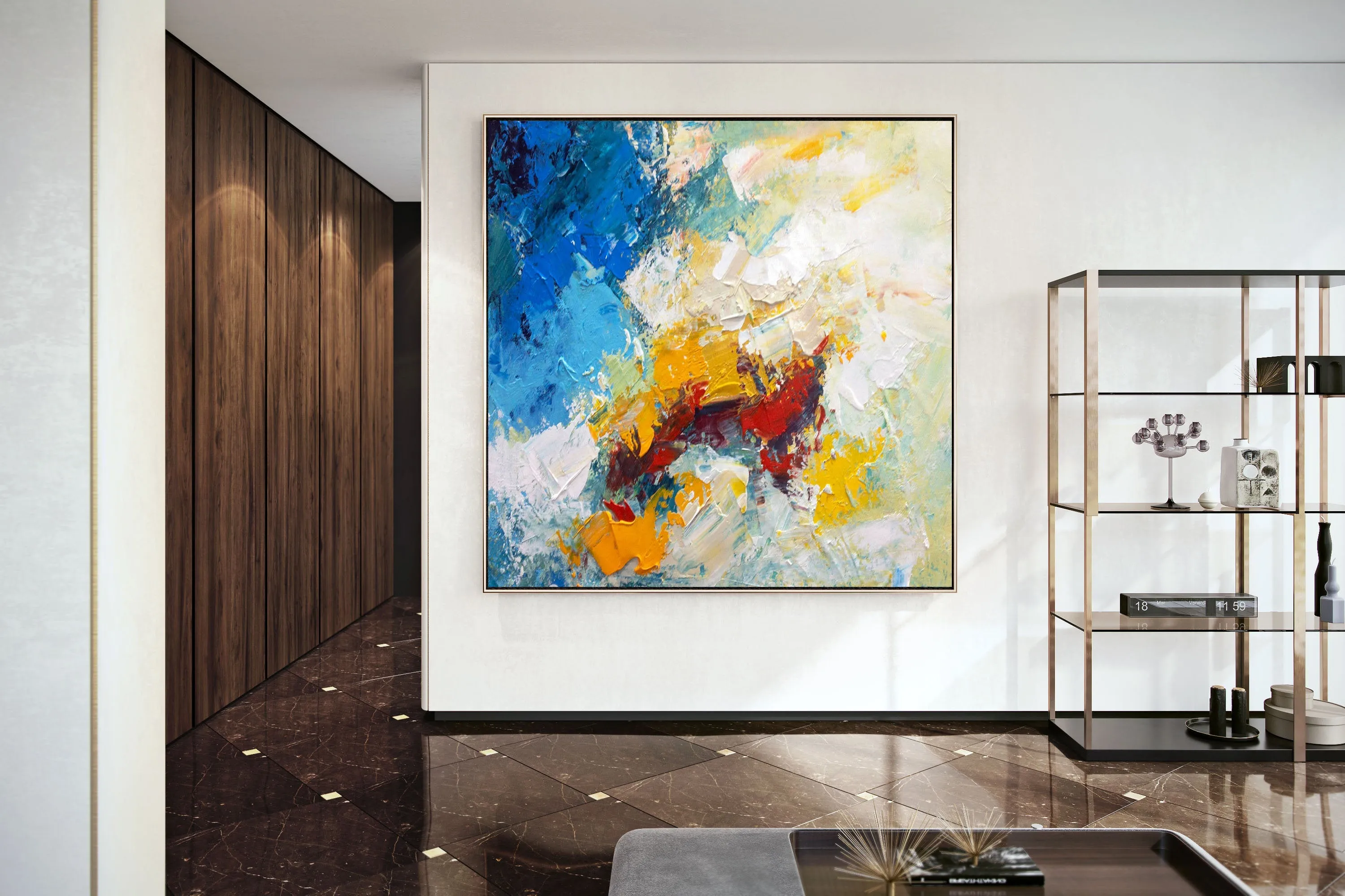 Blue White Yellow Abstract Painting on Canvas Large Artwork Dp035